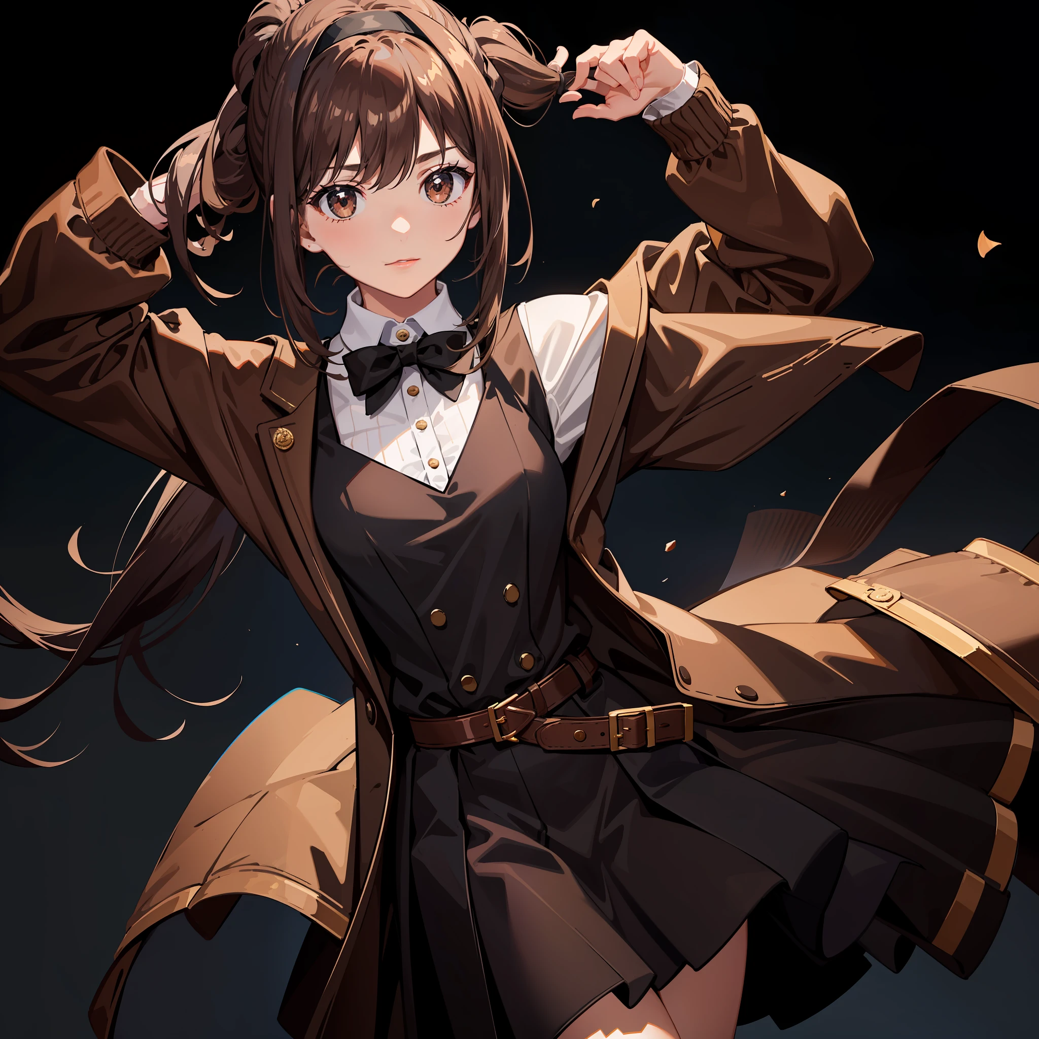 Masterpiece, Best quality, A high resolution, A high school girl wears a long ponytail,There are headbands,Chocolate colored hair,Wearing a black vest,Brown coat,Short brown skirt,The background is the wilderness