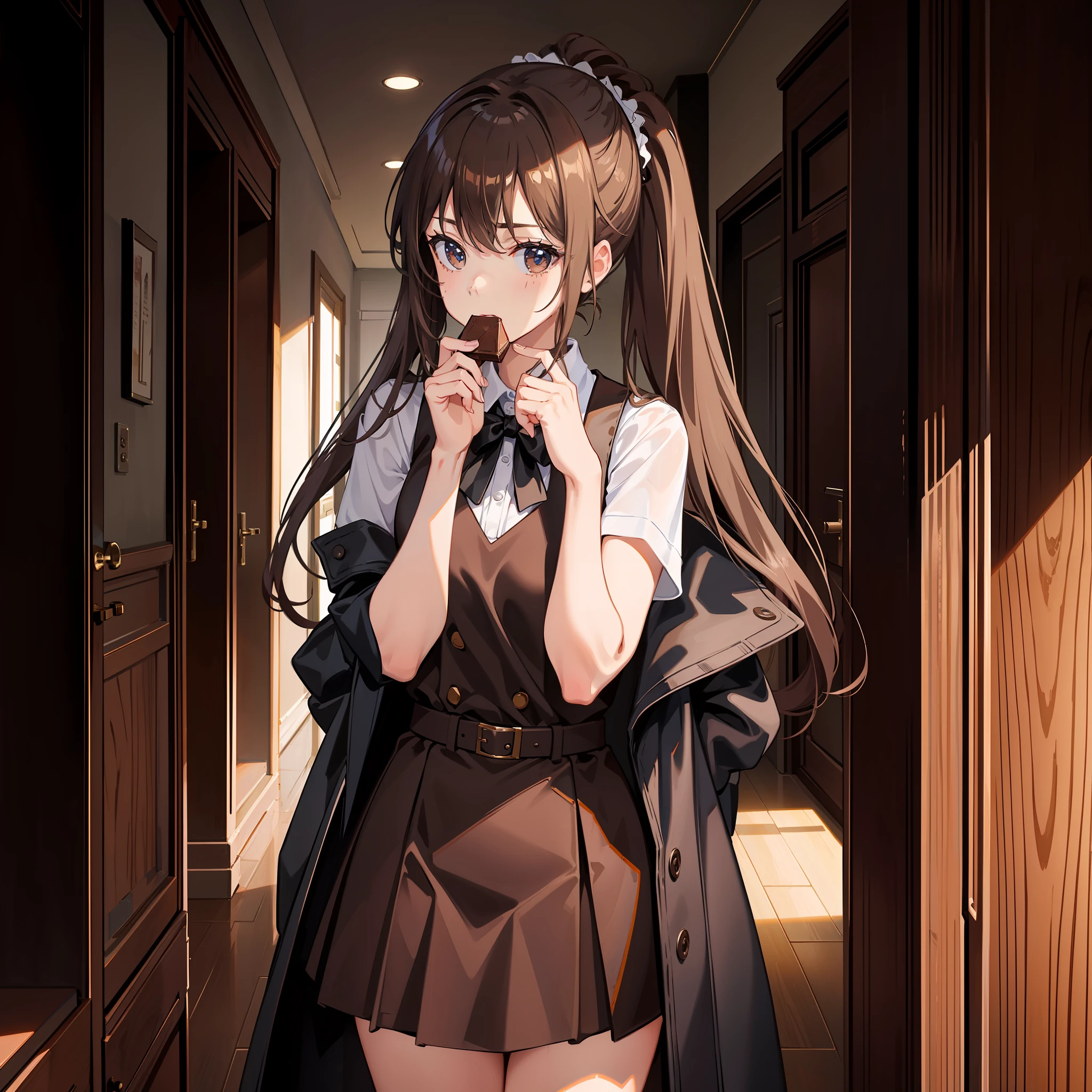 Masterpiece, Best quality, A high resolution, A high school girl wears a long ponytail，There are headbands，Chocolate colored hair，Wearing a black vest，Brown coat，Short brown skirt，The background is the wilderness