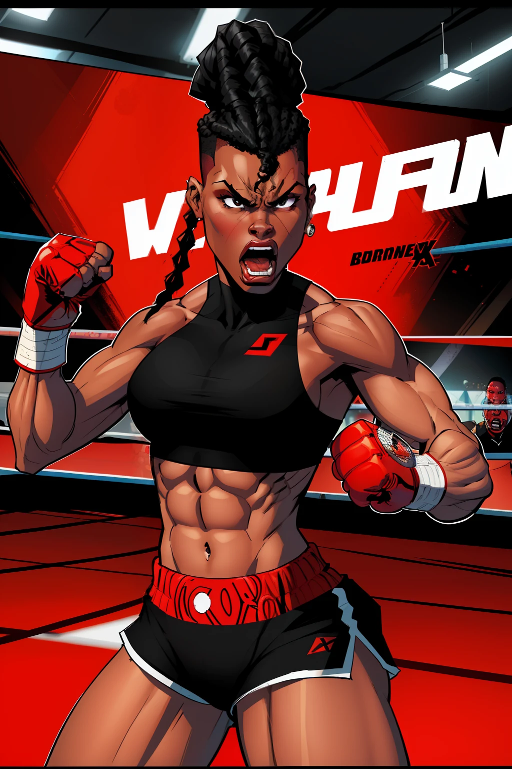 getting punched by someone, black woman, inside collage boxing stadium, boxing ring, black eyes, detailed Mohawk Cornrow Braids hair, angry expression, wearing a black sports bra, red boxing shorts, red boxing gloves, comic book style, flat shaded, prominent comic book outline linework