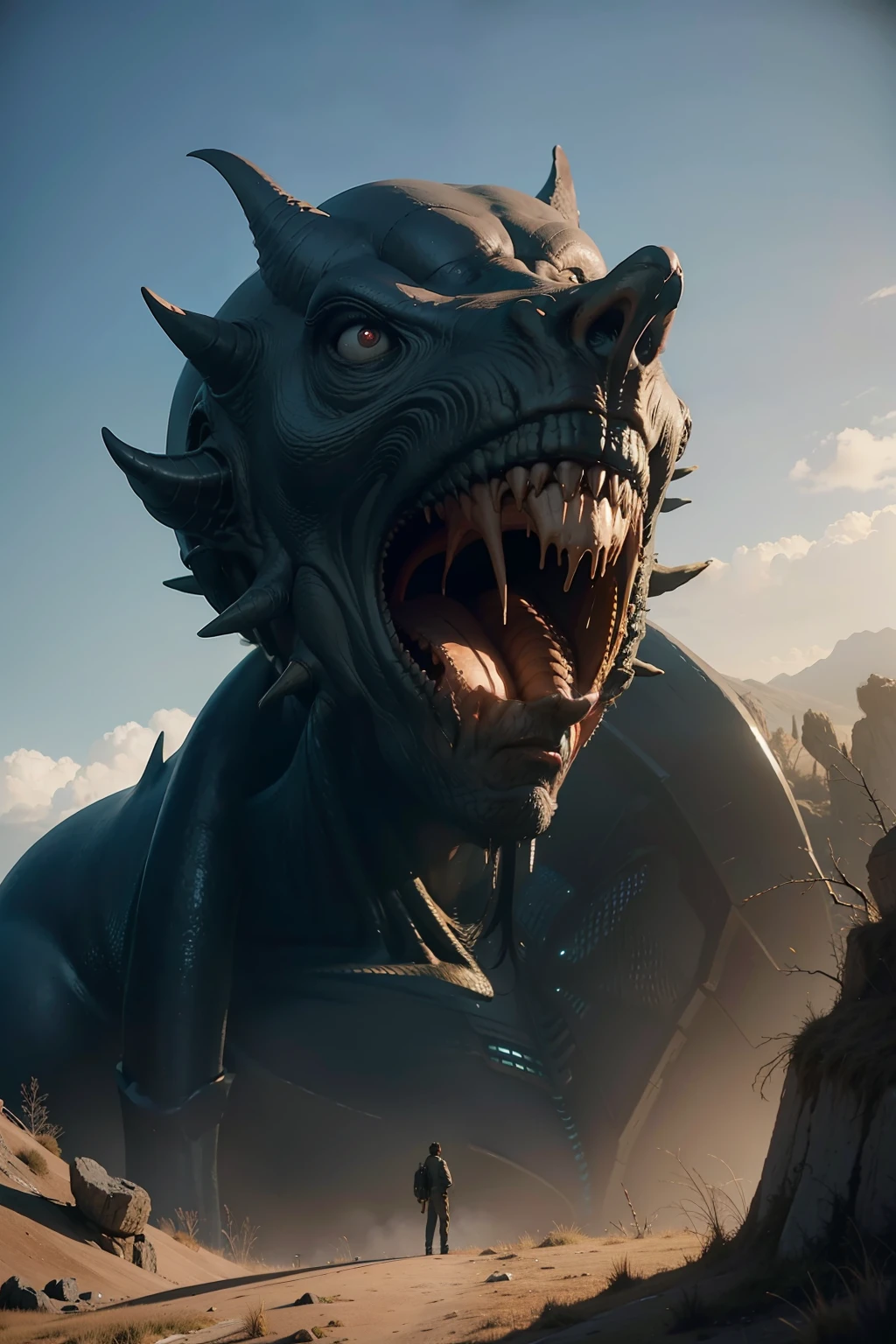 a highly detailed matte painting of a man on a hill watching a giant alien monster, by makoto shinkai, by artgerm, by wlop, by greg rutkowski, volumetric lighting, octane render, 4k resolution, trending on artstation, masterpiece