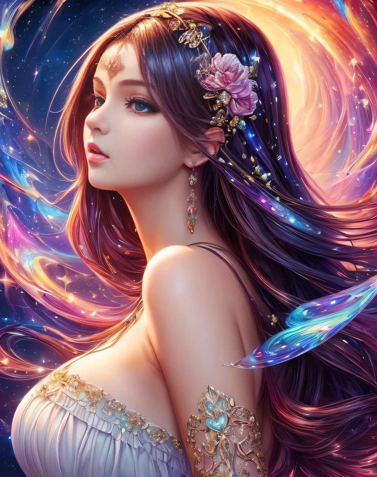 (masterpiece, best quality, glossy, beautiful digital art:1.4), (stunning 21yo woman:1.6), dream in color, magical, (super glossy:1.3), ultra detailed, insanely intricate, wallpaper, 8k