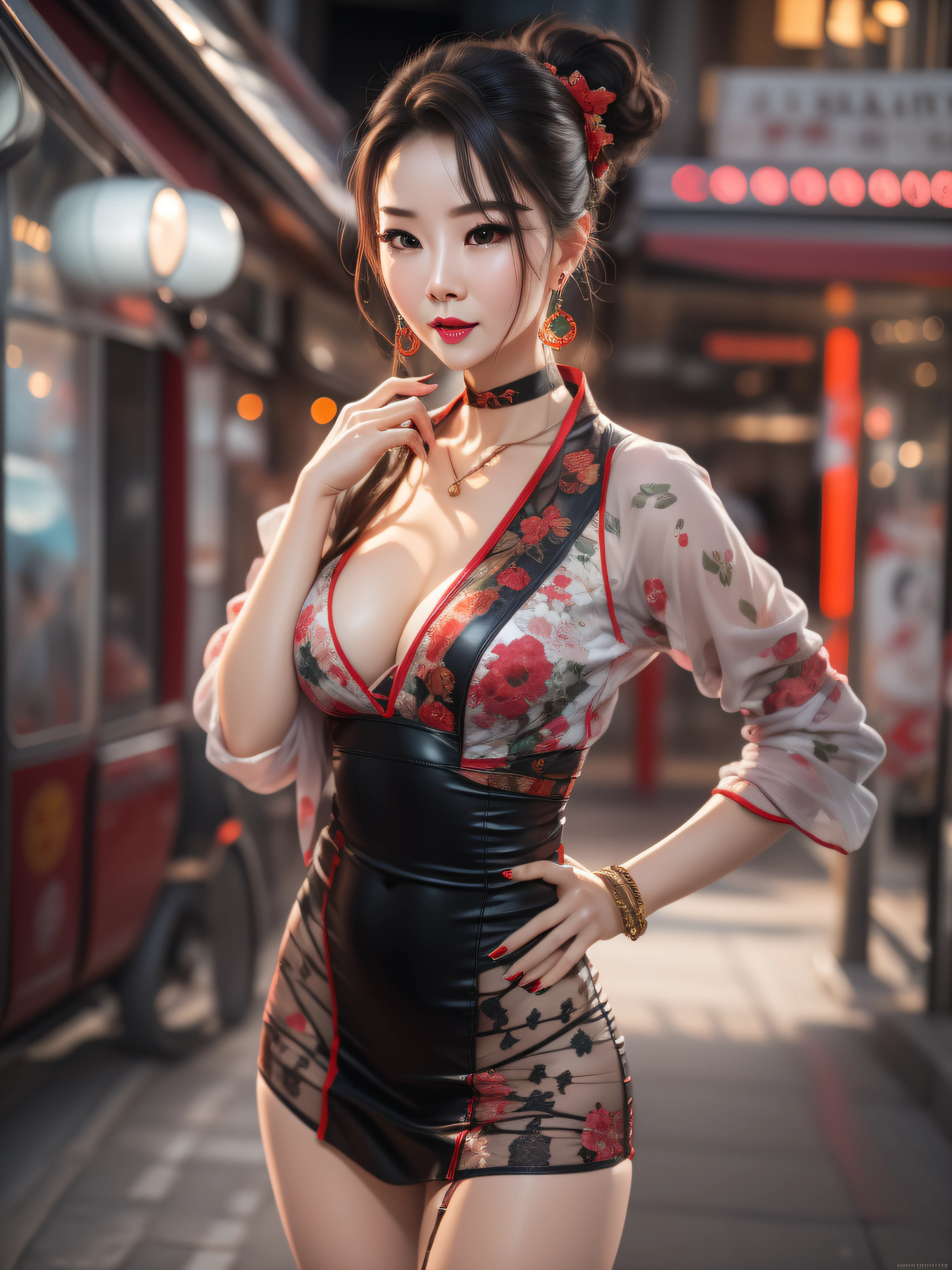 Full body portrait, photograph realistic, of a beautiful Chinese woman (33 years old), an erotic film actress, In a crowded commercial streets, The whole body is soaked with sweat, Slender body, Height 1.6m, has a perfect female figure, with a chest circumference of 34C, Naked of breast, Slim waistline, Slim legs, a hip circumference of 28, Wheat complexion, full forehead, Slender eyebrows, Wear red and black erotic tight and ultra short cheongsam, Suspender stockings, Platform stiletto heels, Seductive pose, A seductive expression, colored inner hair, light brown hair, bangs, messy hair, wavy hair, hair slicked back, medium hair, jewelry, bespectacled, long eyelashes, earrings, makeup, nervous, red lips, naughty face, high detail, cinematic lighting, three sided view, masterpiece, accurate, textured skin, super detail, best quality, 8k