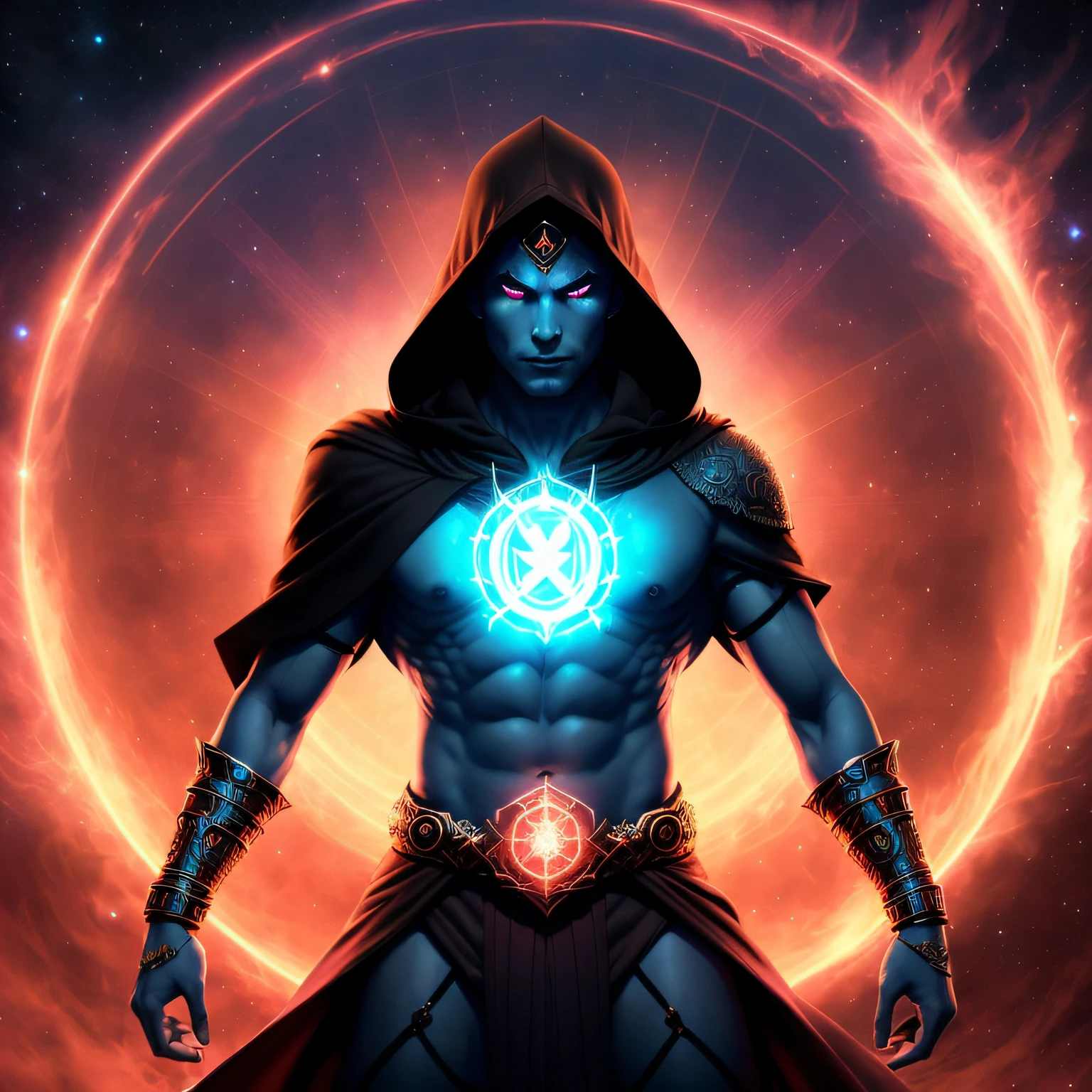 Full body Illustration of (a ((multiple-arm)) demiurge god, he has glowing red tattooed glyphs all over his naked muscular chest, glowing dark blue skin, he wears lich golden and black robes and cloak, mysterious face, evil, cosmic background, meditation pose, ((extra arms))) by Wlop and Artgerm, highres, octane rendered, centered, intricate, masterpiece, cosmic supernovas on the background