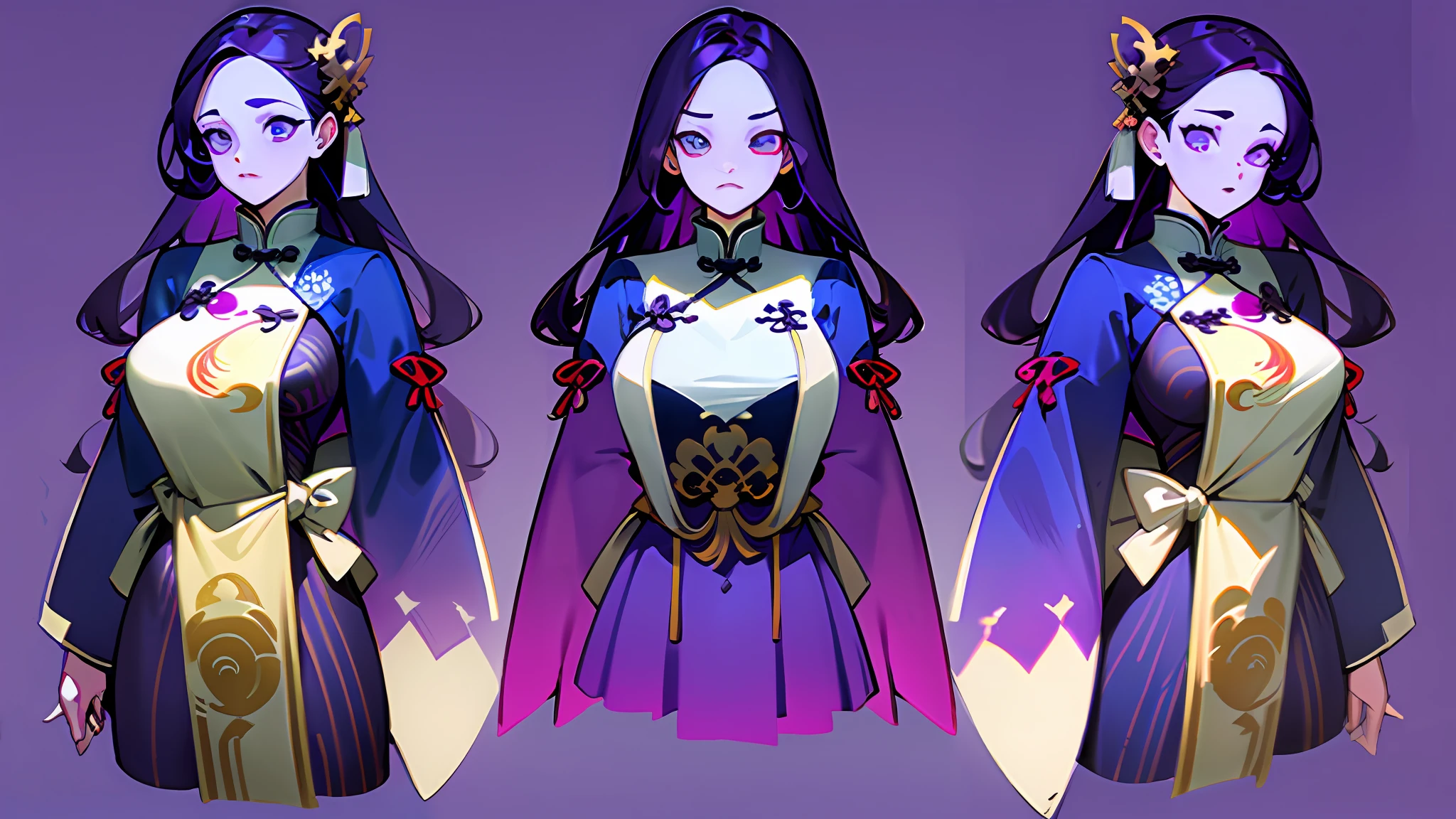 ((masterpiece)),(((best quality))),(character design sheet,Same character full body,frontage,Lateral face,on back),illustration,1个Giant Breast Girl、Stunning facial features,Uniform hair color、Hairstyles、trappings,Purple hair big breasts,purple-eyed,The eyes are godless,Ancient Chinese long dress(simplebackground,white backgrounid:1.3)