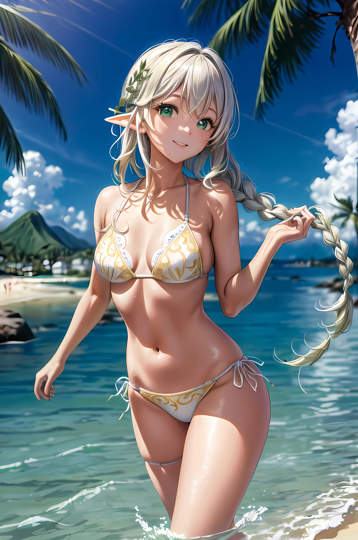 ((Masterpiece, Top Quality, accuracy, Extreme detailing)))), (elf)))), destruction, ((White microbikini with gold embroidery))))), (Lightweight, long braid), (Large glowing dark green eyes), ((big)), (Shore), (Gentle waves), Smile, ((Wide sandy beach)))), (Walks in shallow water))), breeze, Dynamic Angle, bathing suit, underpants, Sexy, Average Breasts, small breasts,