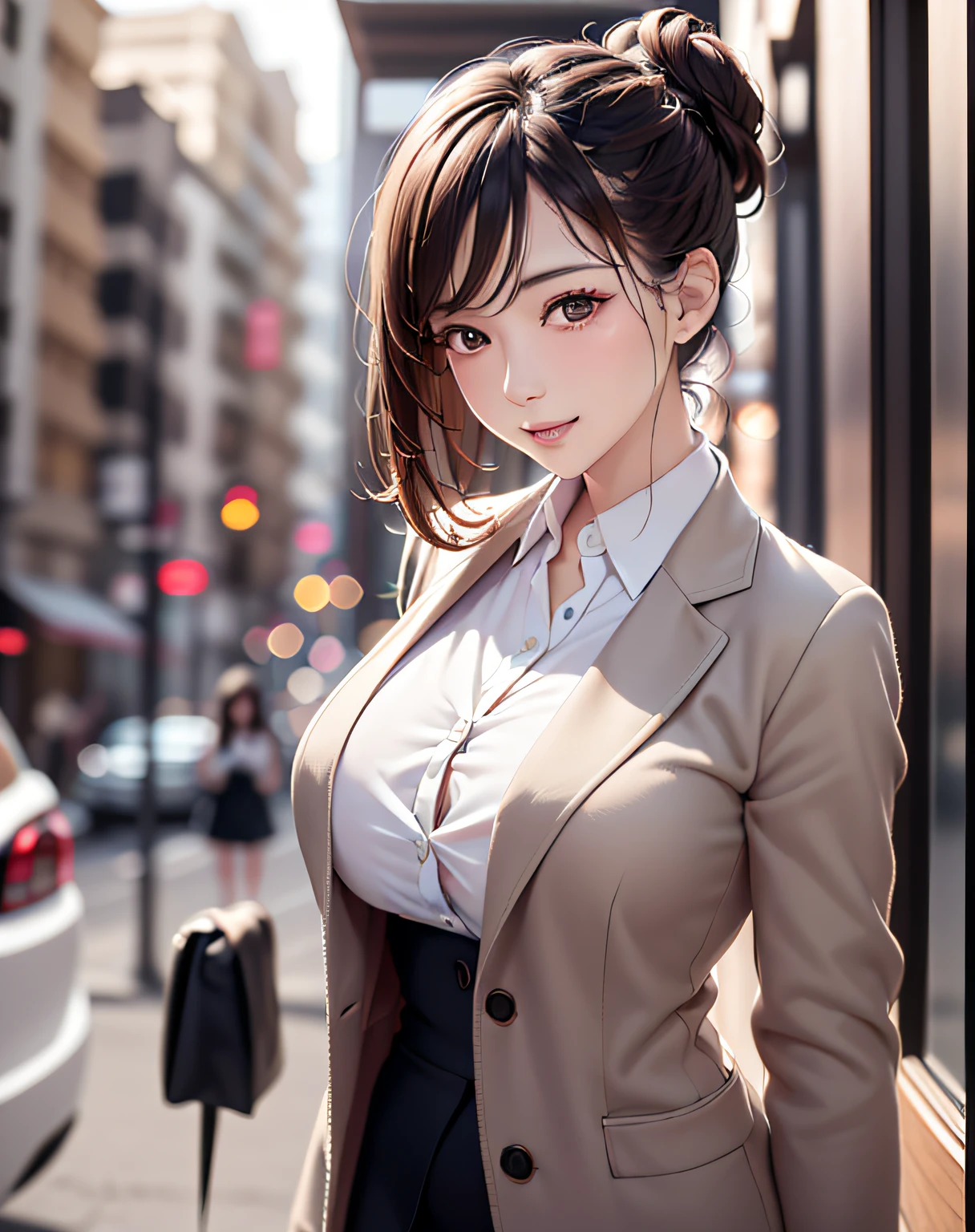 (scretary:1.5, midtown street background:1.5, standing on turn-table:1.5), photo realistic, anime style, (8k, RAW photo, best quality, masterpiece:1.2), High detail RAW color photo, professional photograph, cowboy shot, (realistic, photo realistic:1.37),cinematic light, (finery detailed face:1.2), cowboy shot, thigh 1 girl in bath, 38-48 years old, very cute, very beautiful, photo realistic, event companion, BREAK, white oily skin, real human skin, (detailed face), oval face, pores, round eyes:1.0, ultra high res, BREAK, slim, (realistic, photo-realistic:1.37), (masterpiece), (best quality:1.4), (ultra high res:1.2),(RAW photo:1.2), (sharp focus:1.3), (face focus:1.2), elegant, (full body:1.2), (1 girl wearing detailed pencil-skirt and suit-jacket:1.3), (office lady), professionattire, high heels, (33yo:1.1), (happy smile:1.3), (shine hair:1.3), [bun-head hair style], BREAK, (huge breast), scenery, (Beautiful Sunset background:1.2), from behind, backshot, bangs, beautiful detailed eyes, looking at viewer, (cute), (no makeup), clean face,