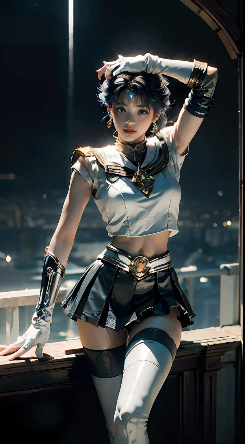 (CG Unity 8K wallpaper with extreme detail, masterpiece, highest quality), (exquisite lighting and shadow, highly dramatic picture, cinematic lens effect), (Sailor Moon: 1.1), double tail, blue eyes, white gloves, mini skirt, dynamic pose), (excellent detail, excellent lighting, wide angle), (excellent rendering and excellent rendering),