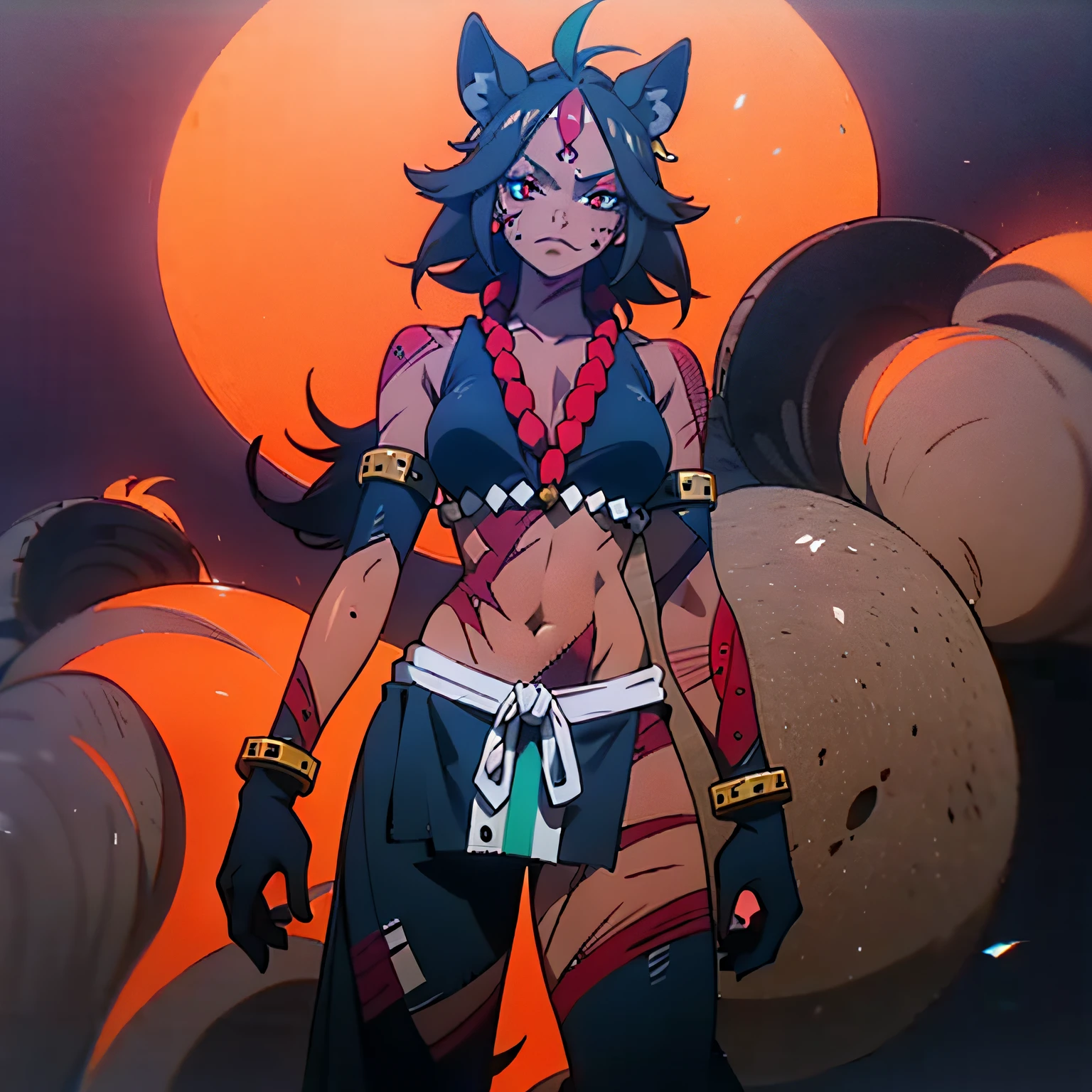 (a woman with dark skin and animal-like features, sporting intriguing animal ears and red scars on his face, full body, tribal clothes)
