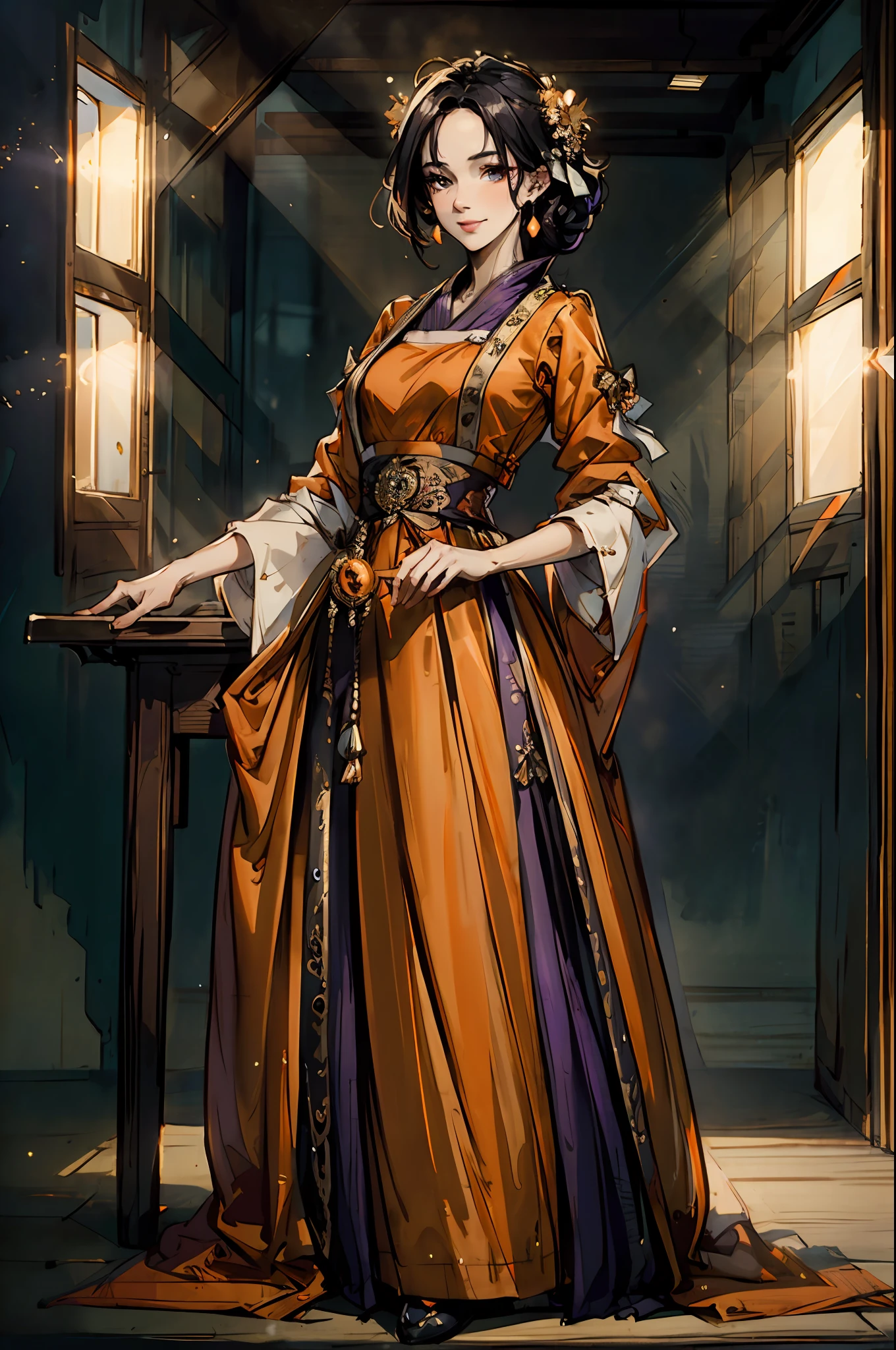 a beautiful mature woman with medium-length black and purple hair stands before us, ((dressed in a simple yet elegant two-piece orange outfit with a traditional-style dress)), Her face bears a cunning smile, and her expression is both friendly and dignified, This character design is reminiscent of Chinese martial arts heroes in Japanese anime, with finely crafted character design and a mature artistic style, ((character concept art)), full body character drawing, goddess, high definition, best quality, ultra-detailed, extremely delicate, anatomically correct, symmetrical face, extremely detailed eyes and face, high quality eyes, creativity, RAW photo, UHD, 8k, (Natural light, professional lighting:1.2, cinematic lighting:1.5), (masterpiece:1.5)