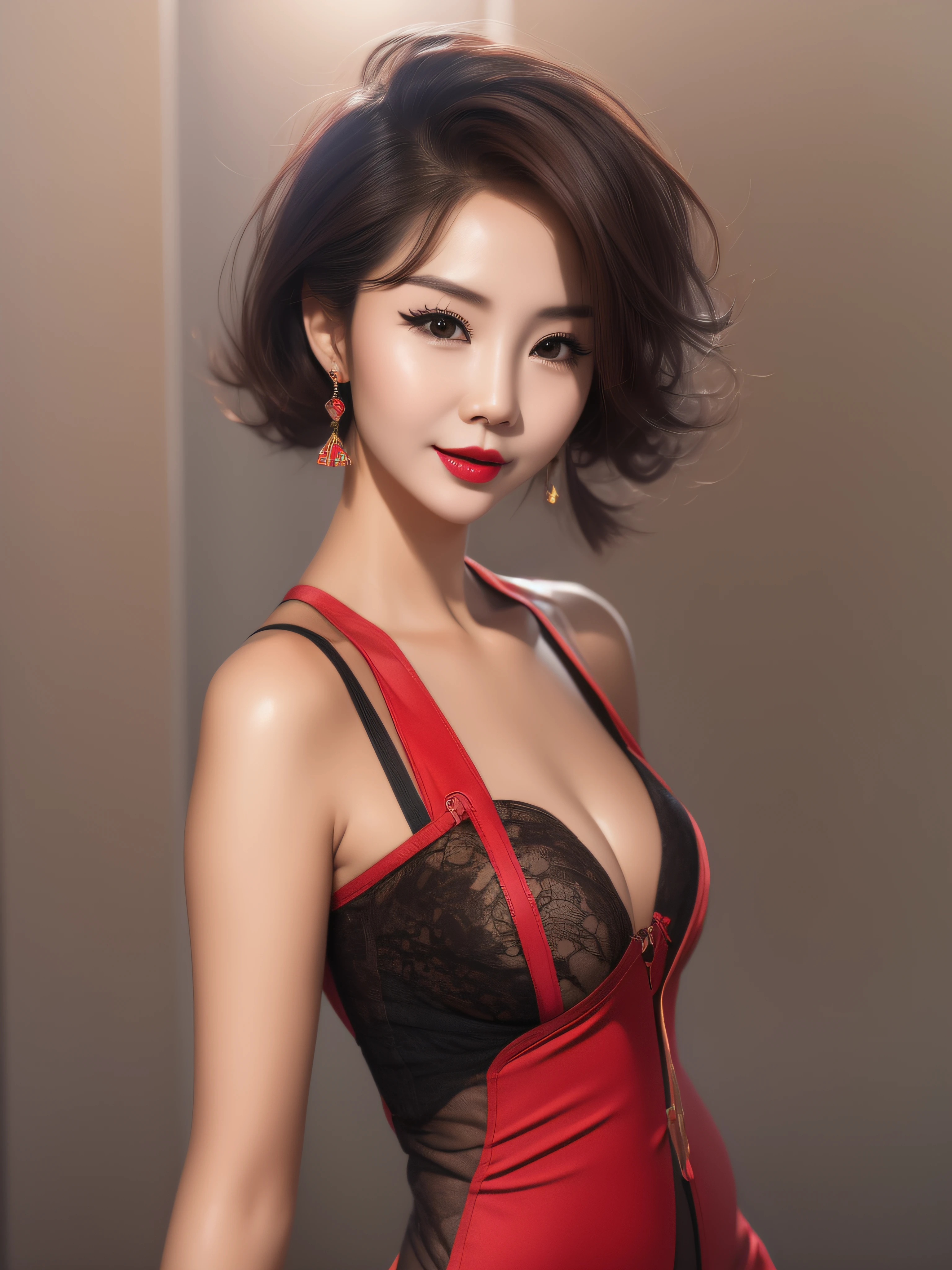 Full body portrait, photograph realistic, of a beautiful Chinese woman (33 years old), an erotic film actress, In a crowded commercial streets, The whole body is soaked with sweat, Slender body, Height 1.6m, has a perfect female figure, with a chest circumference of 34C, Naked of breast, Slim waistline, Slim legs, a hip circumference of 28, Wheat complexion, full forehead, Slender eyebrows, Wear red and black erotic tight and ultra short cheongsam, Suspender stockings, Platform stiletto heels, Seductive pose, A seductive expression, colored inner hair, light brown hair, bangs, messy hair, wavy hair, hair slicked back, medium hair, jewelry, bespectacled, long eyelashes, earrings, makeup, nervous, red lips, naughty face, high detail, cinematic lighting, three sided view, masterpiece, accurate, textured skin, super detail, best quality, 8k