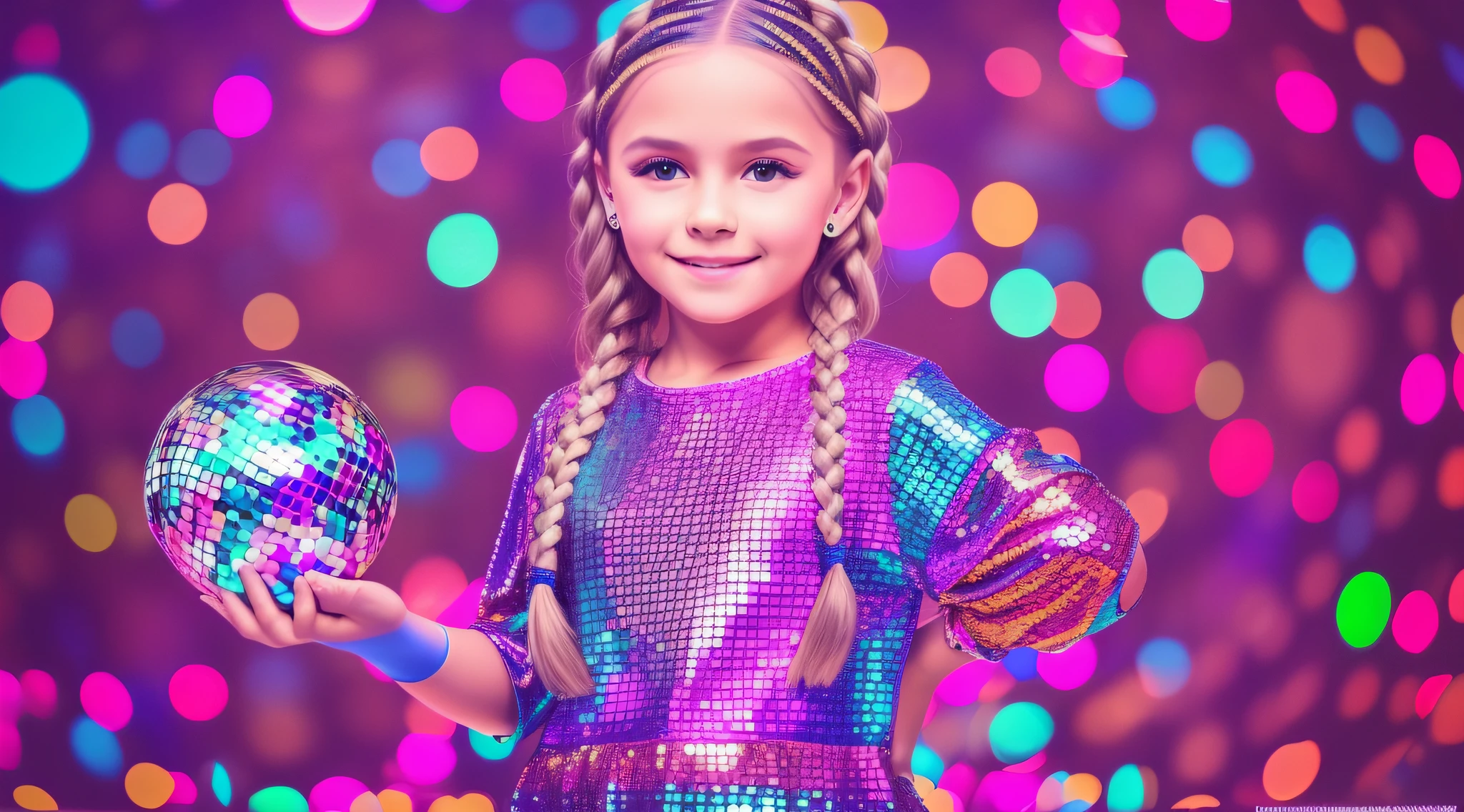 girl CHILD , Russian blonde in braids, ROUPA DE DISCO, BOLA DE DISCOTECA, luzes de Discoteca. BAILE DA DISCOTECA.
DISCO BALL