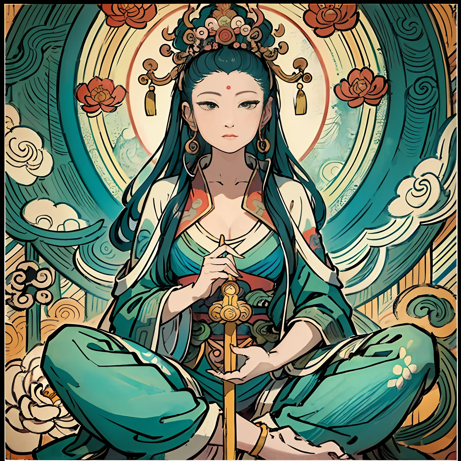 Woman sitting on a lotus,guanyin of the southern seas,Guanyin,contented female bodhisattva,jade sculpture,bodhisattva,queen of the sea mu yanling,serene,Serene expression,shui mo hua,Buddha,Buddhist,Lotus,Chinese painting style,Thangka style