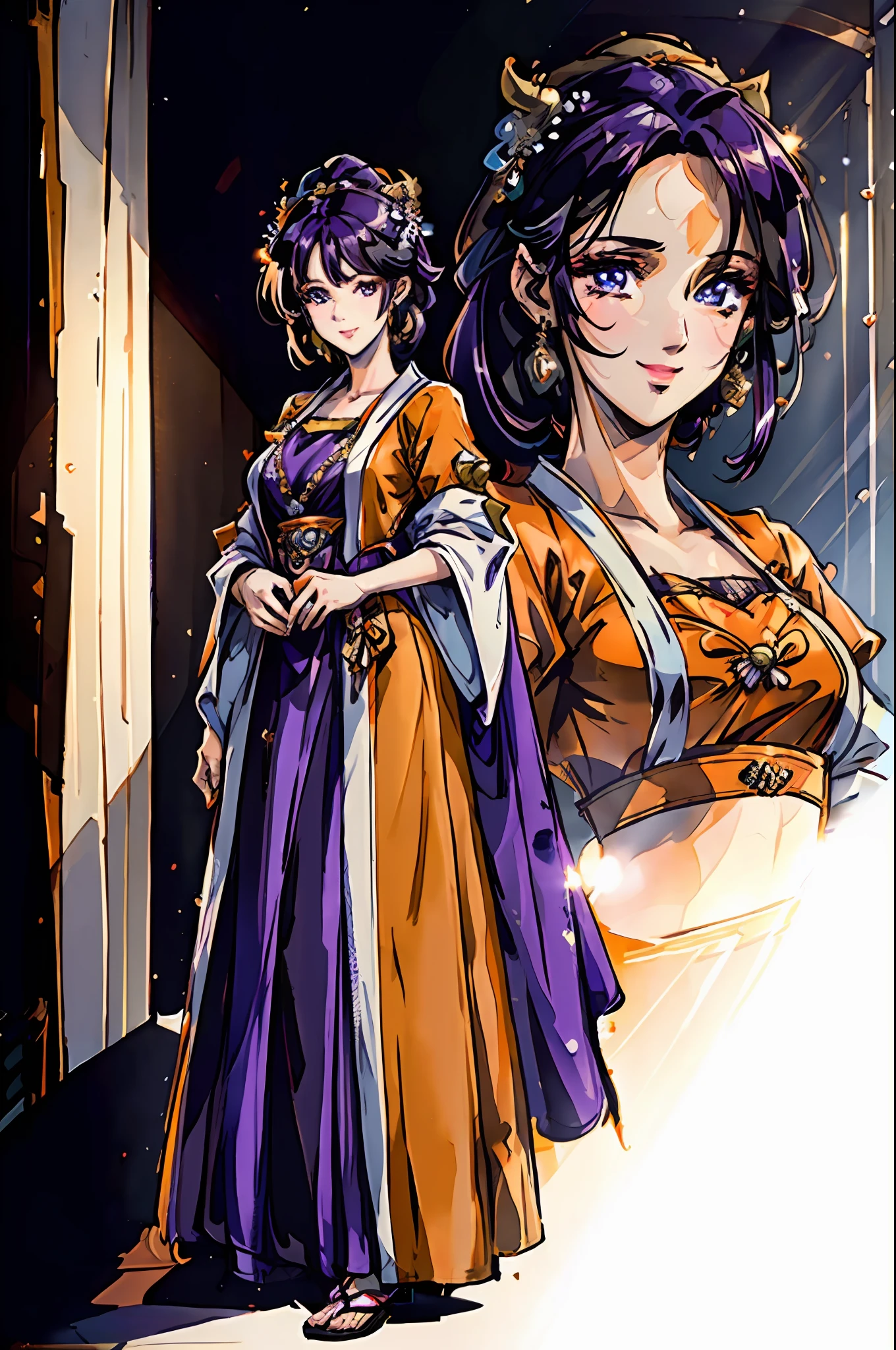 a beautiful mature woman with medium-length black and purple hair stands before us, ((dressed in a simple yet elegant two-piece orange outfit with a traditional-style dress)), Her face bears a cunning smile, and her expression is both friendly and dignified, This character design is reminiscent of Chinese martial arts heroes in Japanese anime, with finely crafted character design and a mature artistic style, ((character concept art)), full body character drawing, goddess, high definition, best quality, ultra-detailed, extremely delicate, anatomically correct, symmetrical face, extremely detailed eyes and face, high quality eyes, creativity, RAW photo, UHD, 8k, (Natural light, professional lighting:1.2, cinematic lighting:1.5), (masterpiece:1.5)