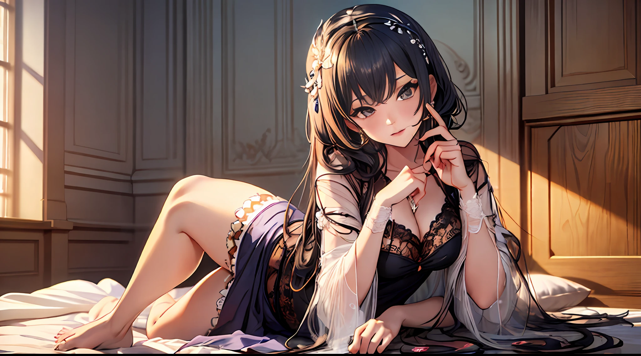 (Enrich the picture,Masterpiece level quality)Beautiful 8K CG artwork,Goddess-like posture,Kneeling exercise,Slim and soft,Translucent skin,Black hair、The aesthetic look of an extra-long model, Messy hair,The skin is fair and juicy,Big JK Uniform,Perspective Part 1.2x enhanced silhouette effect,Exquisite transparent blues pattern in pajamas,The details are intricate and exquisite,The background is slightly blurred,Charming and lustful leg seduction,Drool,Extra-large big breasts,Blush,Full body tattoo 1.3,