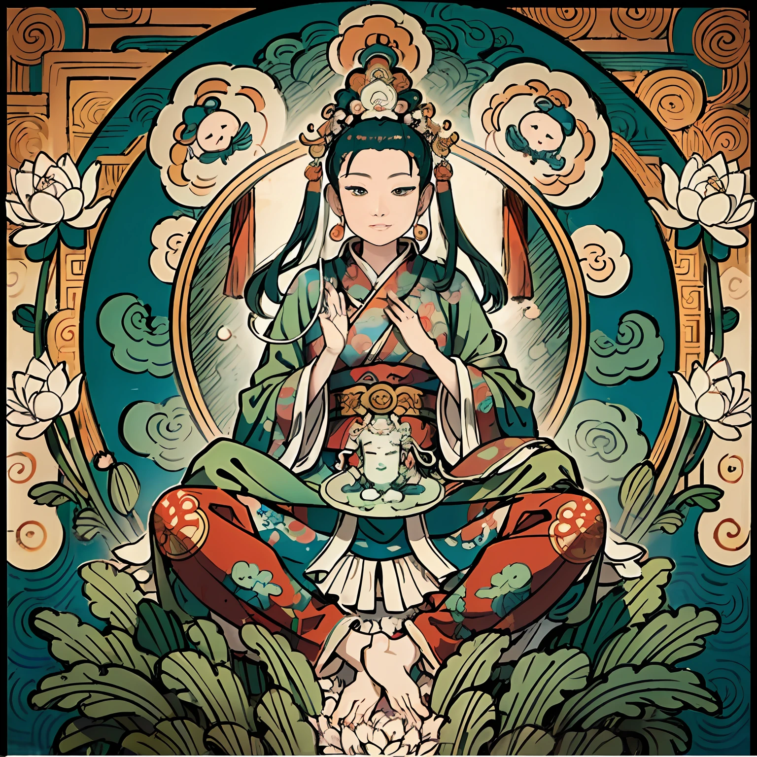 Woman sitting on a lotus,guanyin of the southern seas,Guanyin,contented female bodhisattva,jade sculpture,bodhisattva,queen of the sea mu yanling,serene,Serene expression,shui mo hua,Buddha,Buddhist,Lotus,Chinese painting style,Thangka style