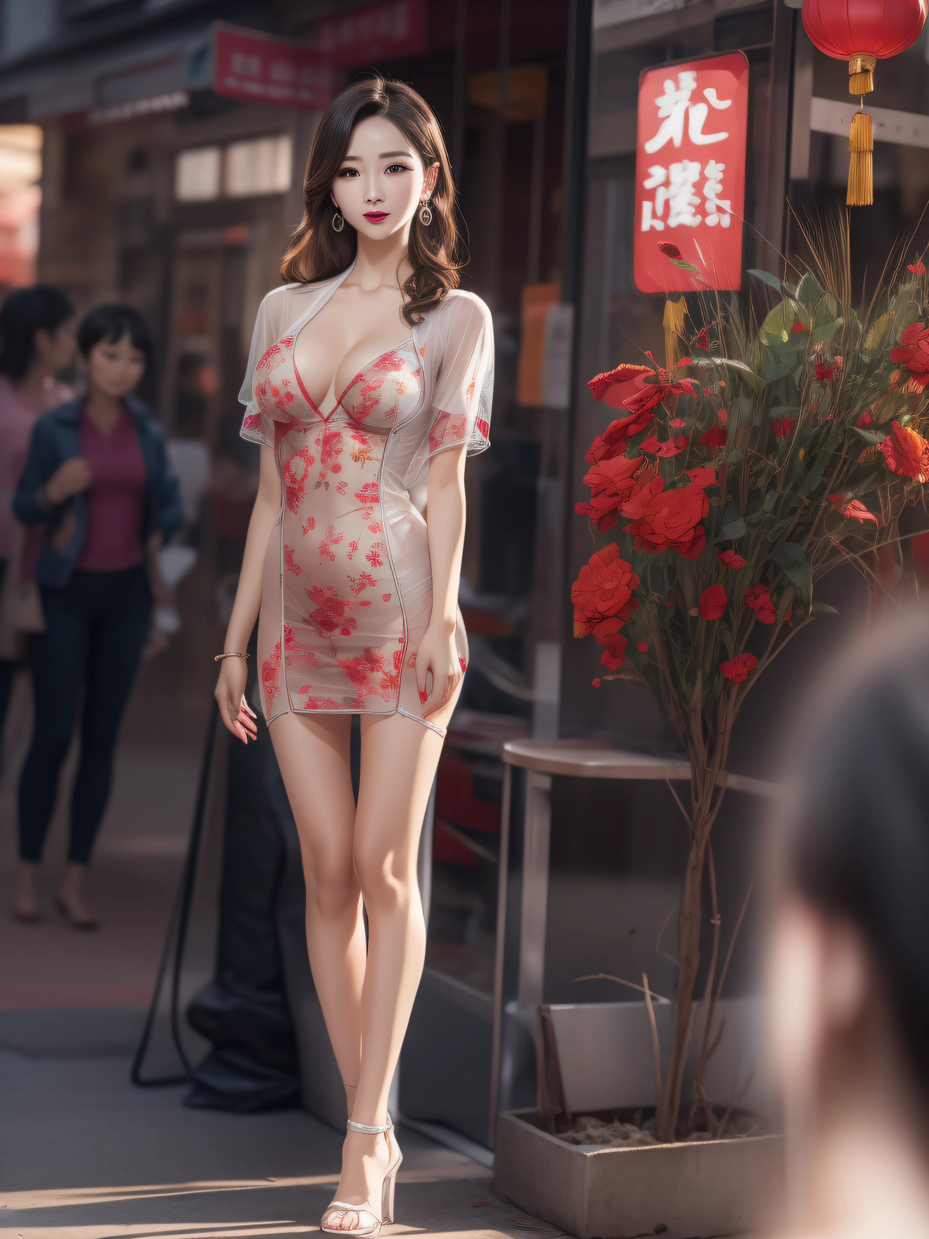 Full body portrait, photograph realistic, of a beautiful Chinese woman (33 years old), an erotic film actress, In a crowded commercial streets, The whole body is soaked with sweat, Slender body, Height 1.6m, has a perfect female figure, with a chest circumference of 34C, Naked of breast, Slim waistline, Slim legs, a hip circumference of 28, Wheat complexion, full forehead, Slender eyebrows, Wear red and black erotic tight and ultra short cheongsam, Suspender stockings, Platform stiletto heels, Seductive pose, A seductive expression, colored inner hair, light brown hair, bangs, messy hair, wavy hair, hair slicked back, medium hair, jewelry, bespectacled, long eyelashes, earrings, makeup, nervous, red lips, naughty face, high detail, cinematic lighting, three sided view, masterpiece, accurate, textured skin, super detail, best quality, 8k