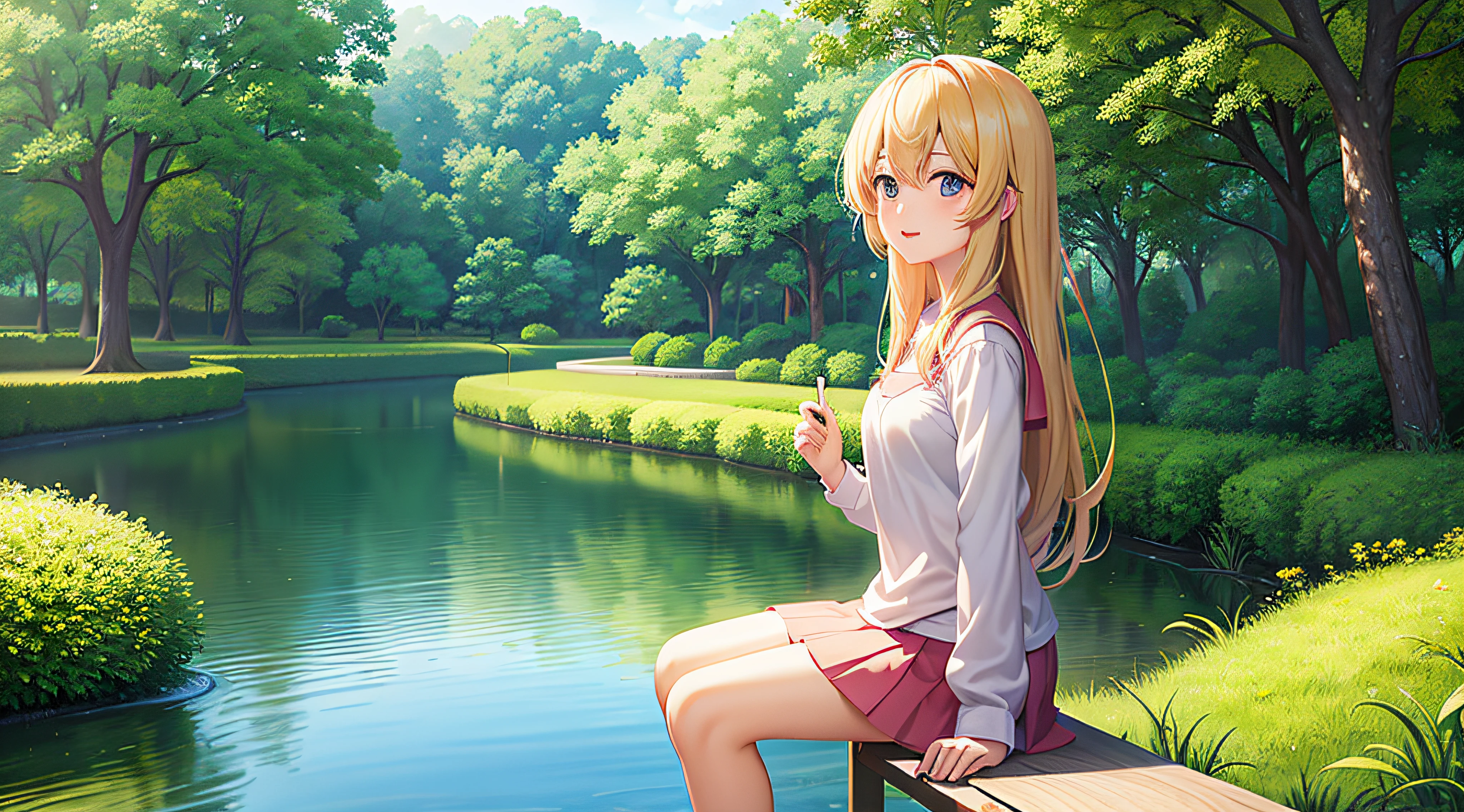 Anime girl sitting on bench in pond park, sitting at a pond, anime nature wallpap, anime beautiful peace scene, beautiful anime scenes, drawn in anime painter studio, anime lush john 8k woods, Anime background art, sittinng on the river, Anime girl walking on water, Anime Nature, koto no ha no niwa, beautiful anime scenery