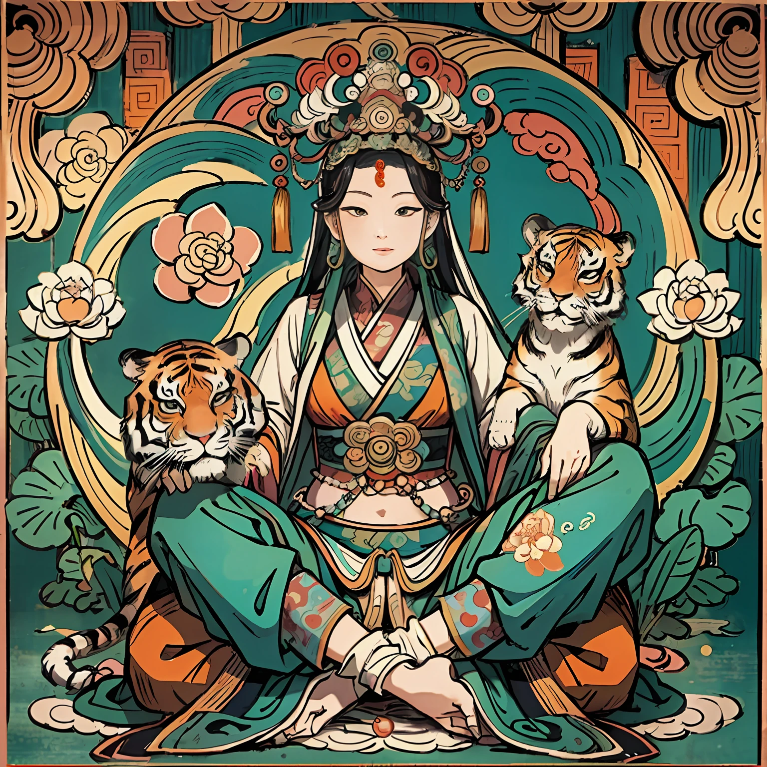 an ancient Chinese goddess, guanyin of the southern seas, Guanyin, Inspired by India, Avalokiteshvara rides a tiger,Serene expression,shui mo hua,Buddha,Buddhist,Lotus,Chinese painting style,Thangka style