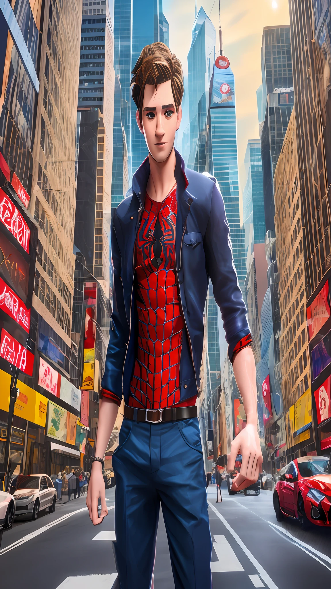 andrew garfield, young, 4k, upscale, ultra realisitic, cartoon, peter parker, natural face, beaturiful body, perfect hands, perfect body, perfect legs, 12k, 8k, in the city, perfect framing, modern art, modern style, modern clothes, 5 fingers on each hand, perfect hands, realistic hands, ultra realistic, home spider symbol centered on chest, roupa de homem aranha por baixo da jaqueta,  vermelho e azul, simbolo de aranha no peito centralizado,