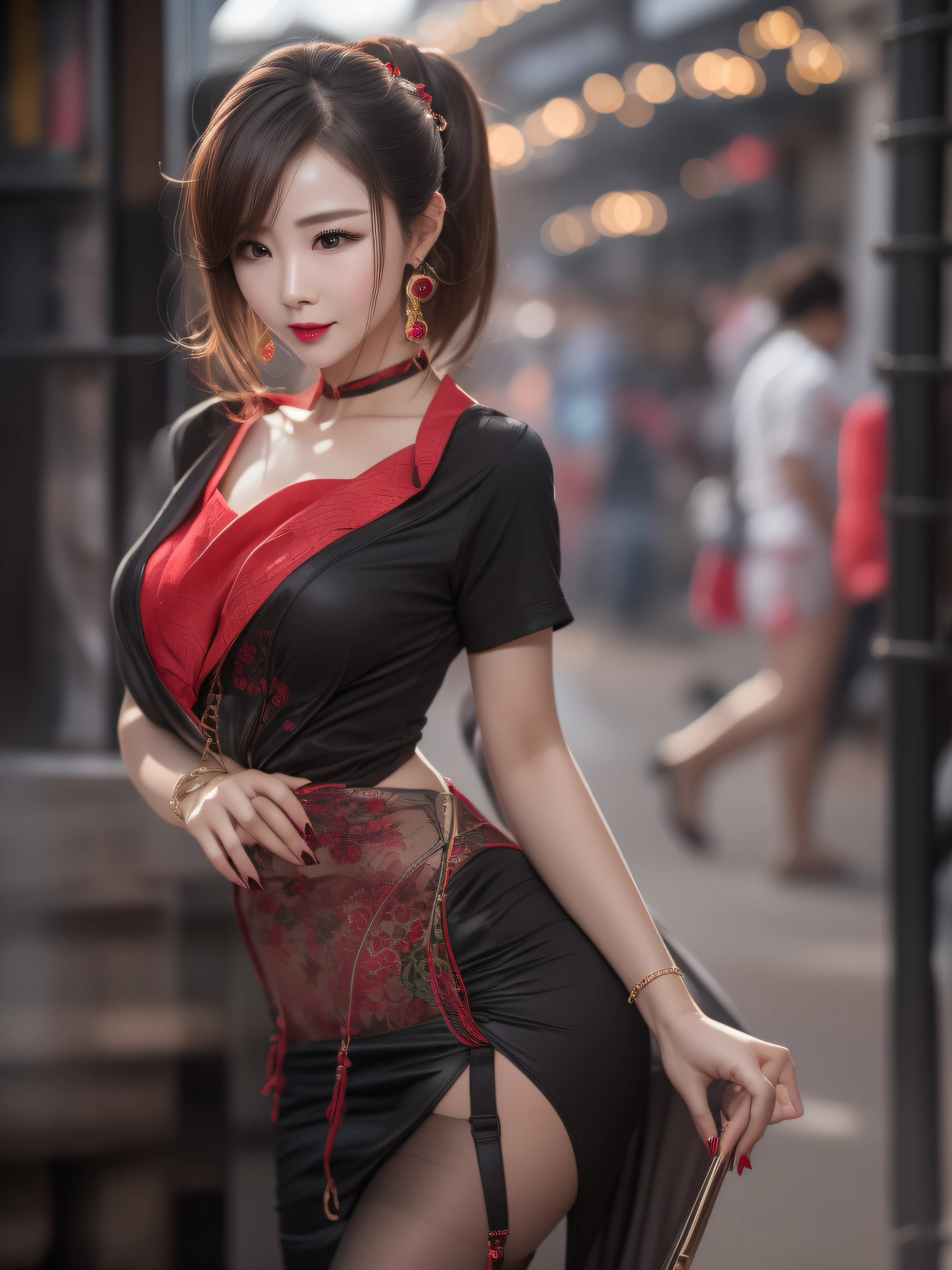 Full body portrait, photograph realistic, of a beautiful Chinese woman (33 years old), an erotic film actress, In a crowded commercial streets, The whole body is soaked with sweat, Slender body, Height 1.6m, has a perfect female figure, with a chest circumference of 34C, Naked of breast, Slim waistline, Slim legs, a hip circumference of 28, Wheat complexion, full forehead, Slender eyebrows, Wear red and black erotic tight and ultra short cheongsam, Suspender stockings, Platform stiletto heels, Seductive pose, A seductive expression, colored inner hair, light brown hair, bangs, messy hair, wavy hair, hair slicked back, medium hair, jewelry, bespectacled, long eyelashes, earrings, makeup, nervous, red lips, naughty face, high detail, cinematic lighting, three sided view, masterpiece, accurate, textured skin, super detail, best quality, 8k