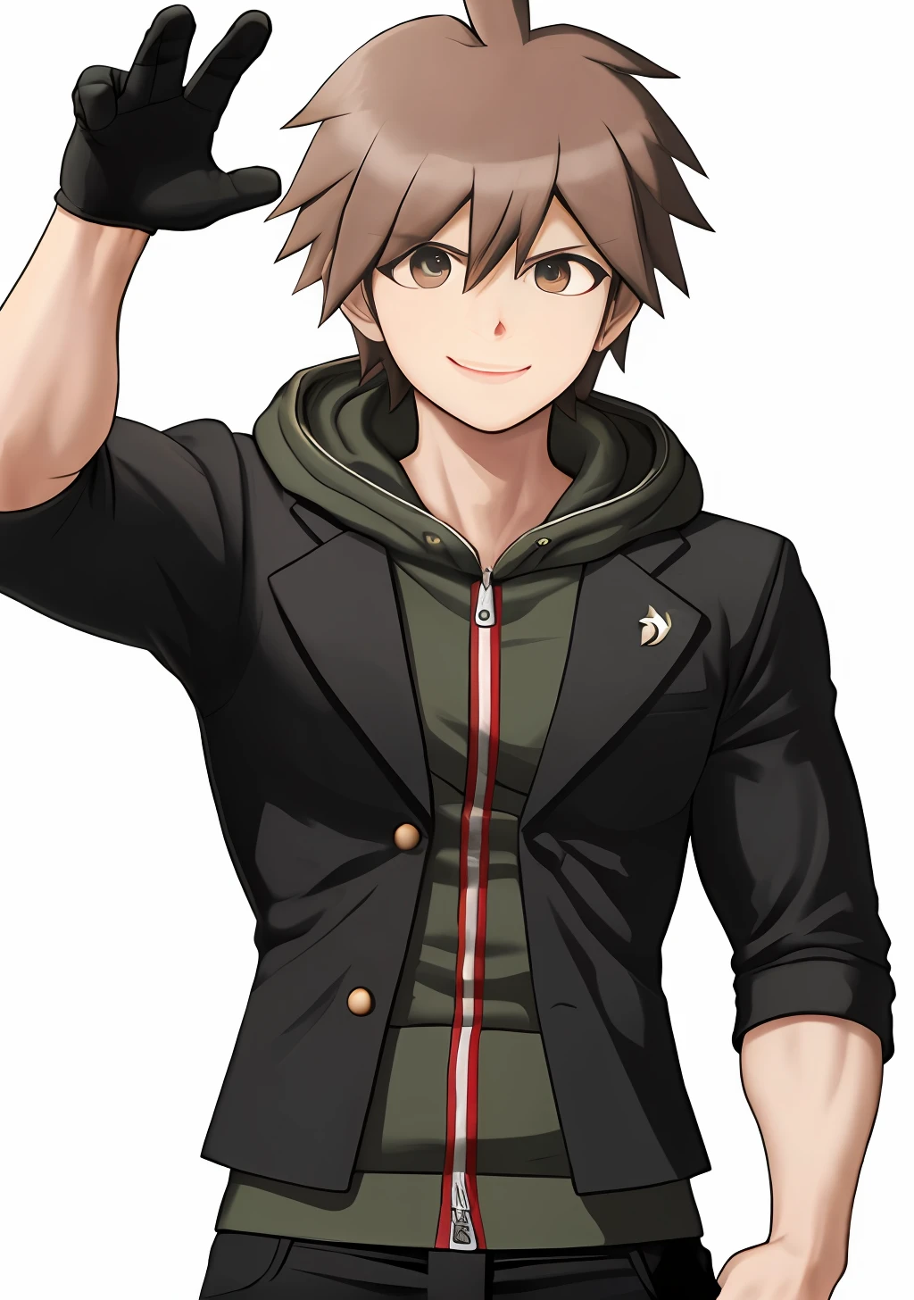 masterpiece, best quality, 1boy, black jacket, hood, ahoge, short hair, brown hair, black pants, smile, hands up, simple background, white background, upper body Muscular body, Imposing body, Imposing appearance, muscular arms, muscular legs, only body, trapezoid torso, sturdy body, muscular body, defined round and fleshy pecs, defined washboard ABS, defined arms, defined legs, flexing his muscles