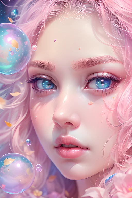 ((masterpiece)). This artwork is sweet, dreamy and ethereal, with soft pink watercolor hues and candy accents. Generate a delicate and demure English fae exploring a (bubblegum world with a wide variety of pastel shades). Her sweet face is extremely detailed and realistic with elegant features and a sweet and subtle expression and looks like ((Gigi Hadid)). Include mature features, puffy lips, and stunning, highly realistic eyes. Her eyes are important and should be realistic, highly detailed, and beautiful. In high definition and detail, include lots of details like stars, galaxies, colorful bubbles, colorful petals, and lots of energy and emotion! The stars and colorful bubblegum bubbles are important! Include fantasy details, enhanced details, iridescence, colorful glittering wind, and pollen. Pay special attention to her face and make sure it is beautifully and realistically detailed. The image should be dreamy and ethereal.8k, intricate, elegant, highly detailed, majestic, digital photography