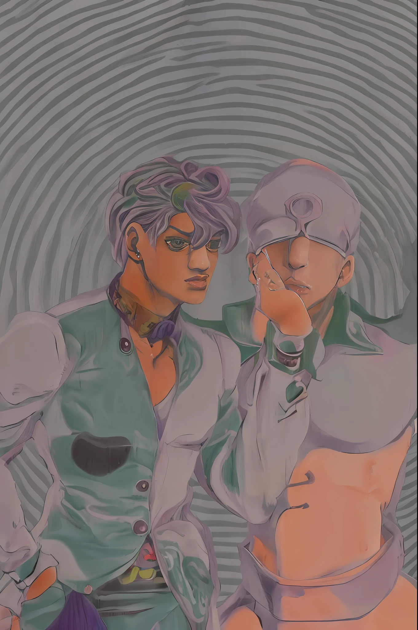 (Best quality, masterpiece1.2) Anime drawing of a man, principalement en niveaux de gris, Plan moyen de personnages, Inspired by Hirohiko Araki, Jjba, high quality fanart, covers of a jojo manga