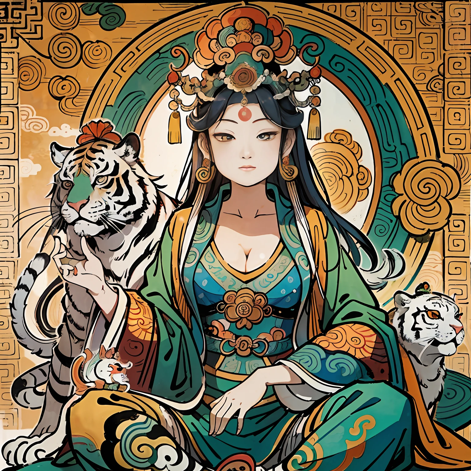 an ancient Chinese goddess, guanyin of the southern seas, Guanyin, Inspired by India, Avalokiteshvara rides a tiger,Serene expression,shui mo hua,Buddha,Buddhist,Lotus,Chinese painting style,Thangka style