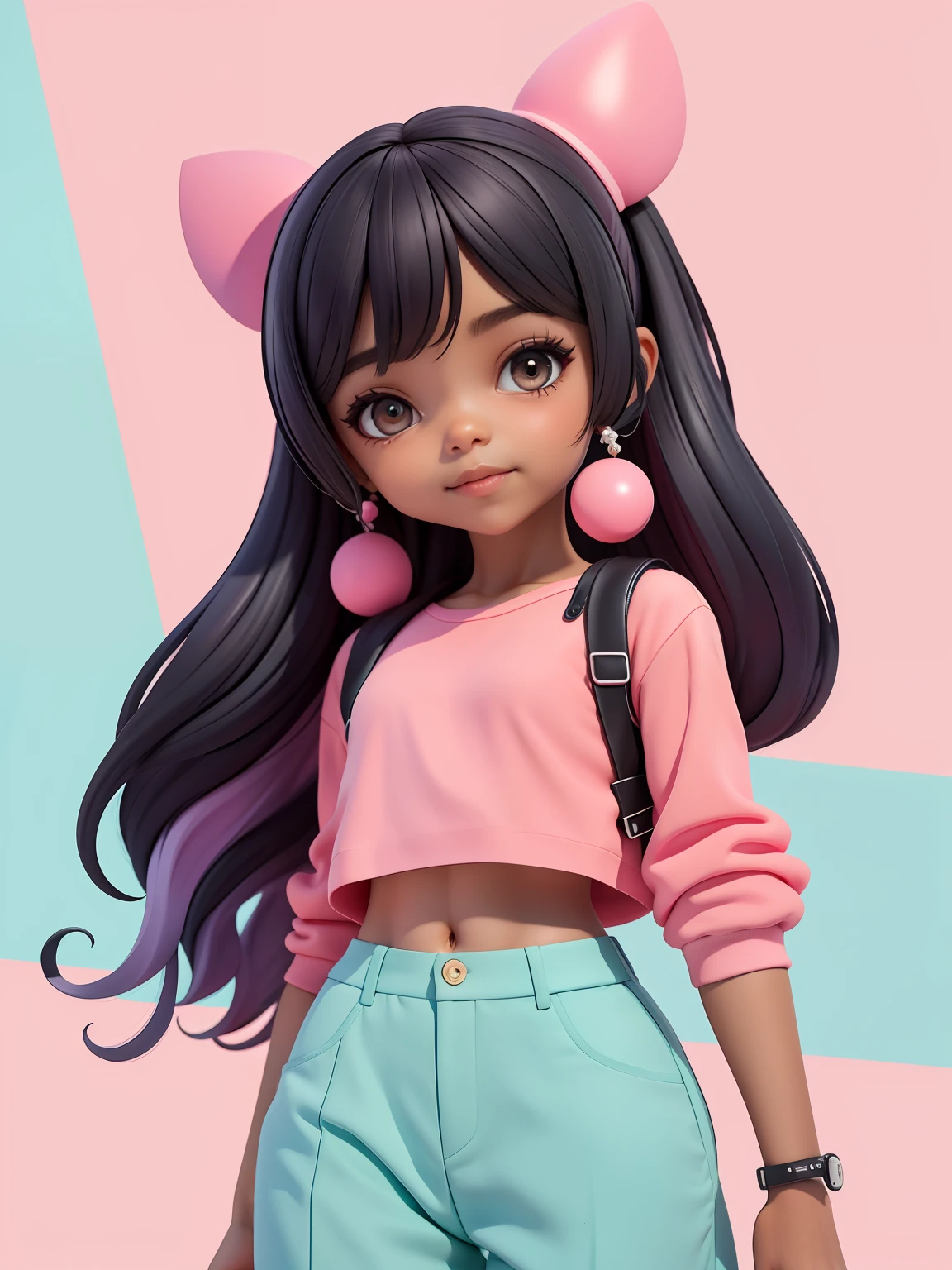 (obra-prima), (melhor qualidade), (ultra-detalhado), (corpo inteiro: 1.2) loli menina negra, liso, encaracolado ,pants and mini blouse, sorriso claro, corpo inteiro, :3, cabelo mesclado, curto, preso, pavor, moderno, Modern accessories, fundo tom pastel , colorido e simples.