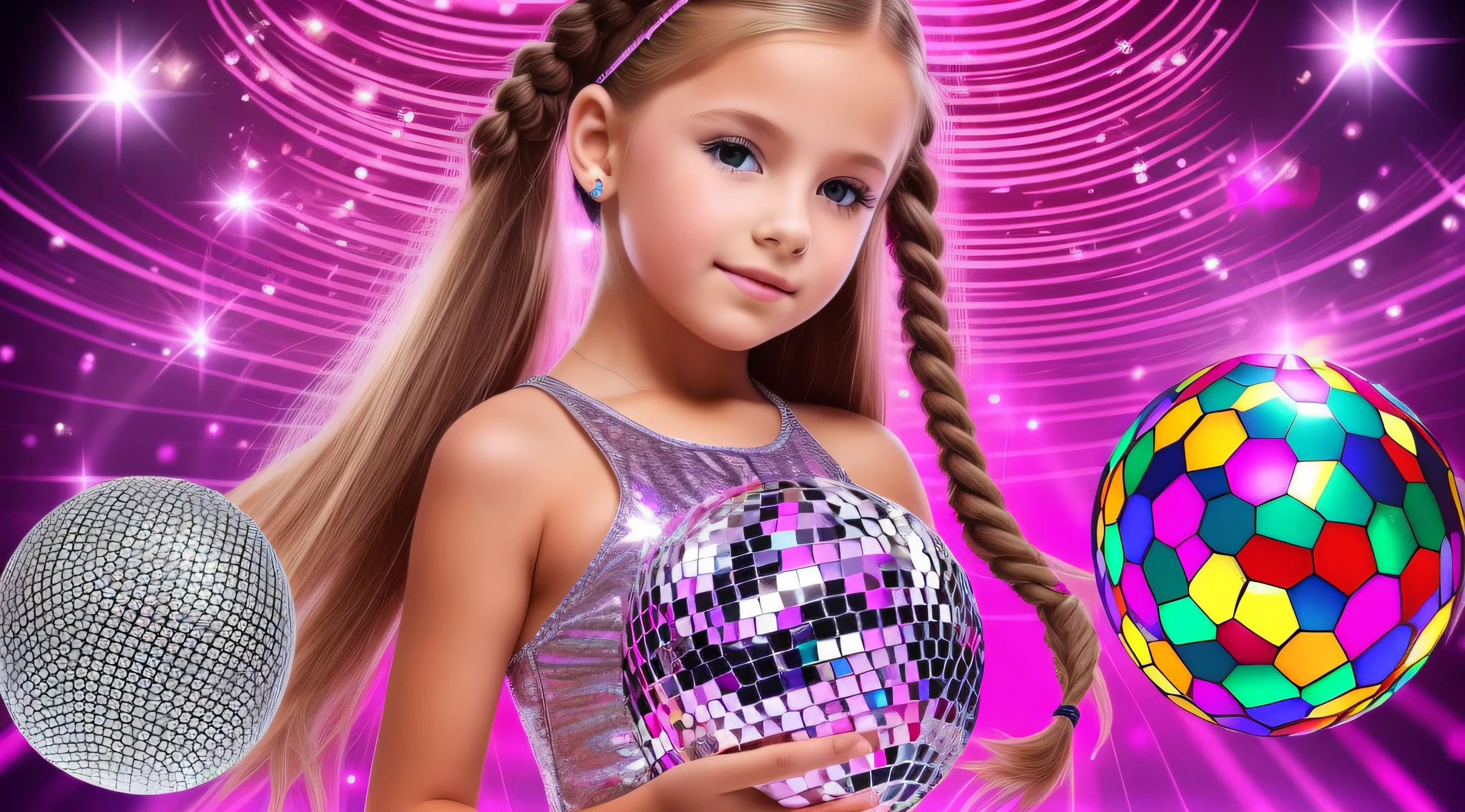 girl CHILD , Russian blonde in braids, ROUPA DE DISCO, BOLA DE DISCOTECA, luzes de Discoteca. BAILE DA DISCOTECA, DISCO BALL
