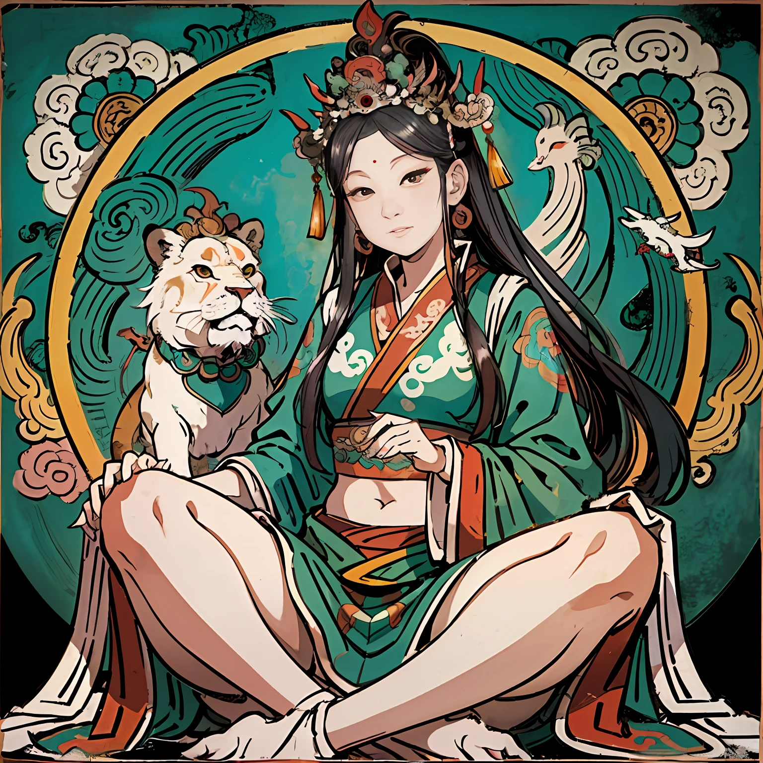 an ancient Chinese goddess, guanyin of the southern seas, Guanyin, Inspired by India, Avalokiteshvara rides a lion，,Serene expression,shui mo hua,Buddha,Buddhist,Lotus,Chinese painting style,Thangka style