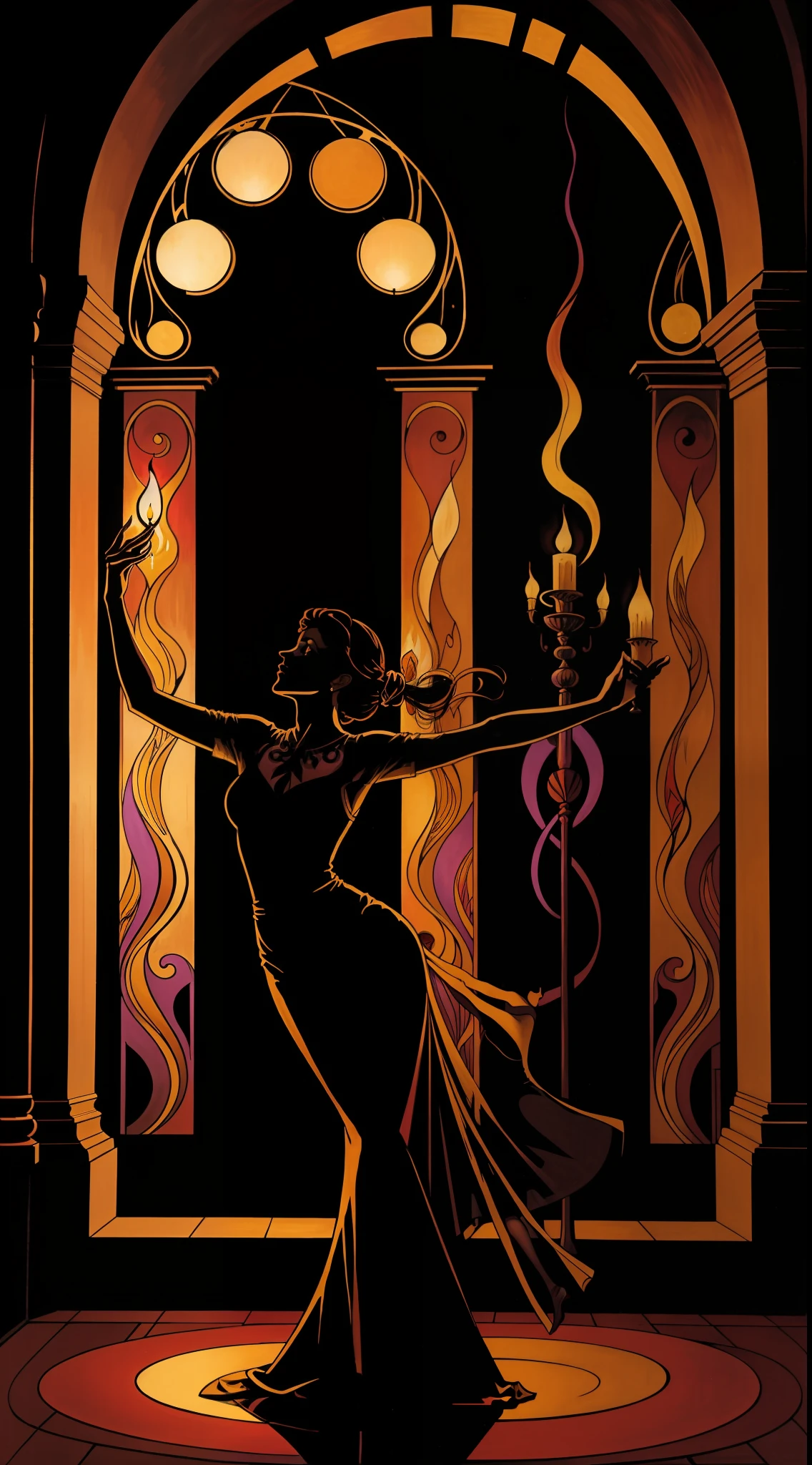 Una imagen en estilo art nouveau, Surrealista y abstracto. A woman dances in a dark room lit by several candles, Su sombra reflejada en la pared tiene la forma de un demonio..