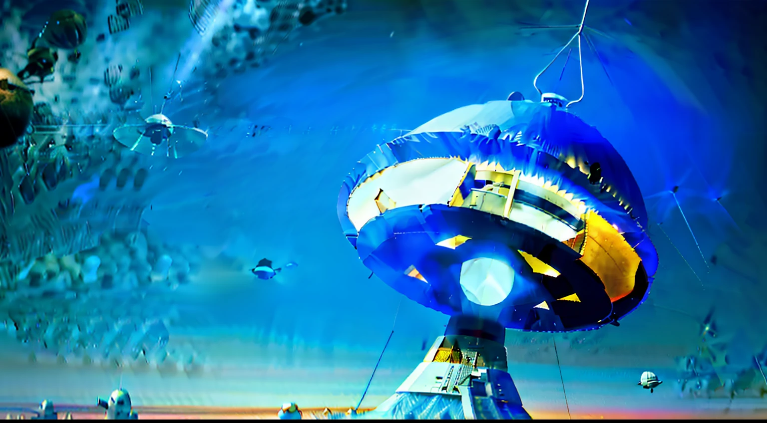 The alien lands next to the flying saucer,Some debris flew up,Suspended in the air,
