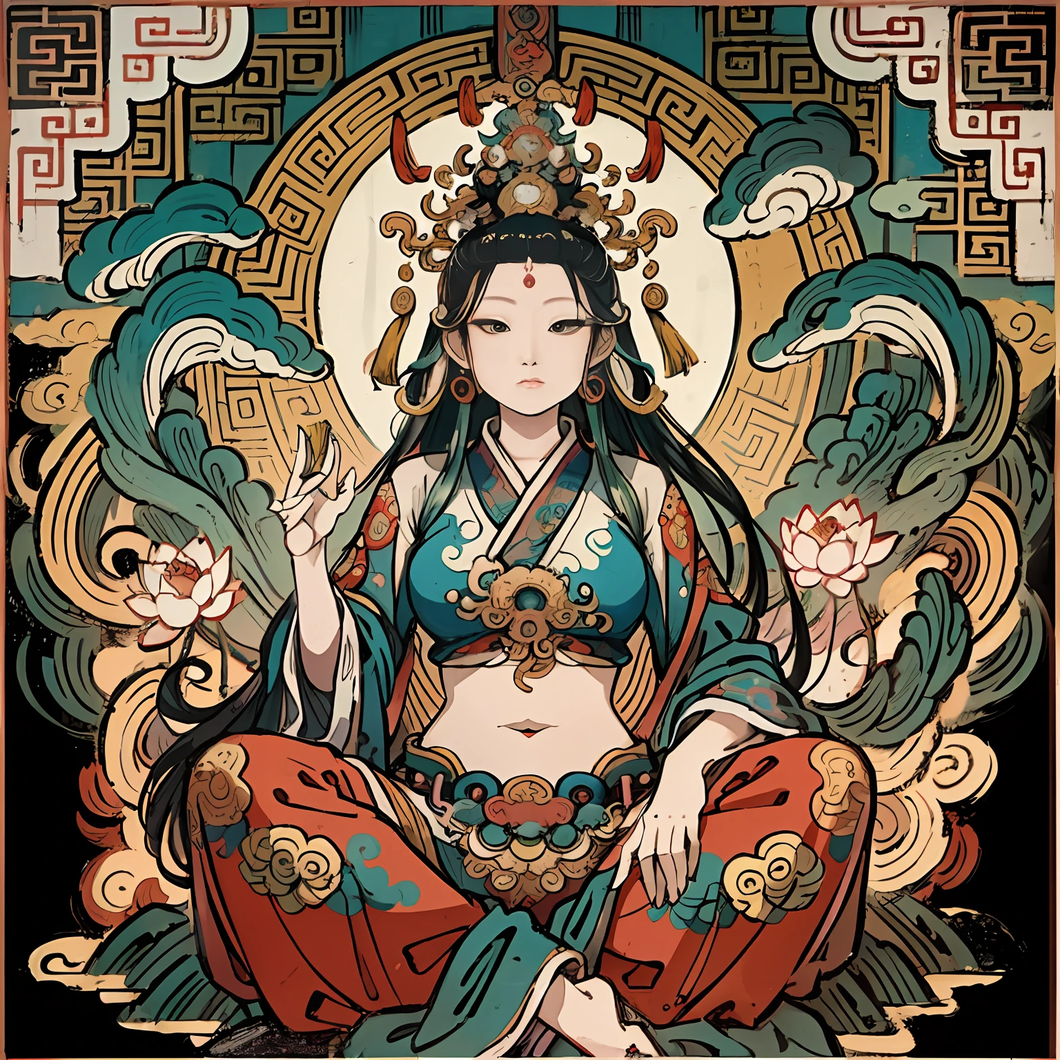 an ancient Chinese goddess, guanyin of the southern seas, Guanyin, Inspired by India, Avalokiteshvara rides a lion，,Serene expression,shui mo hua,Buddha,Buddhist,Lotus,Chinese painting style,Thangka style