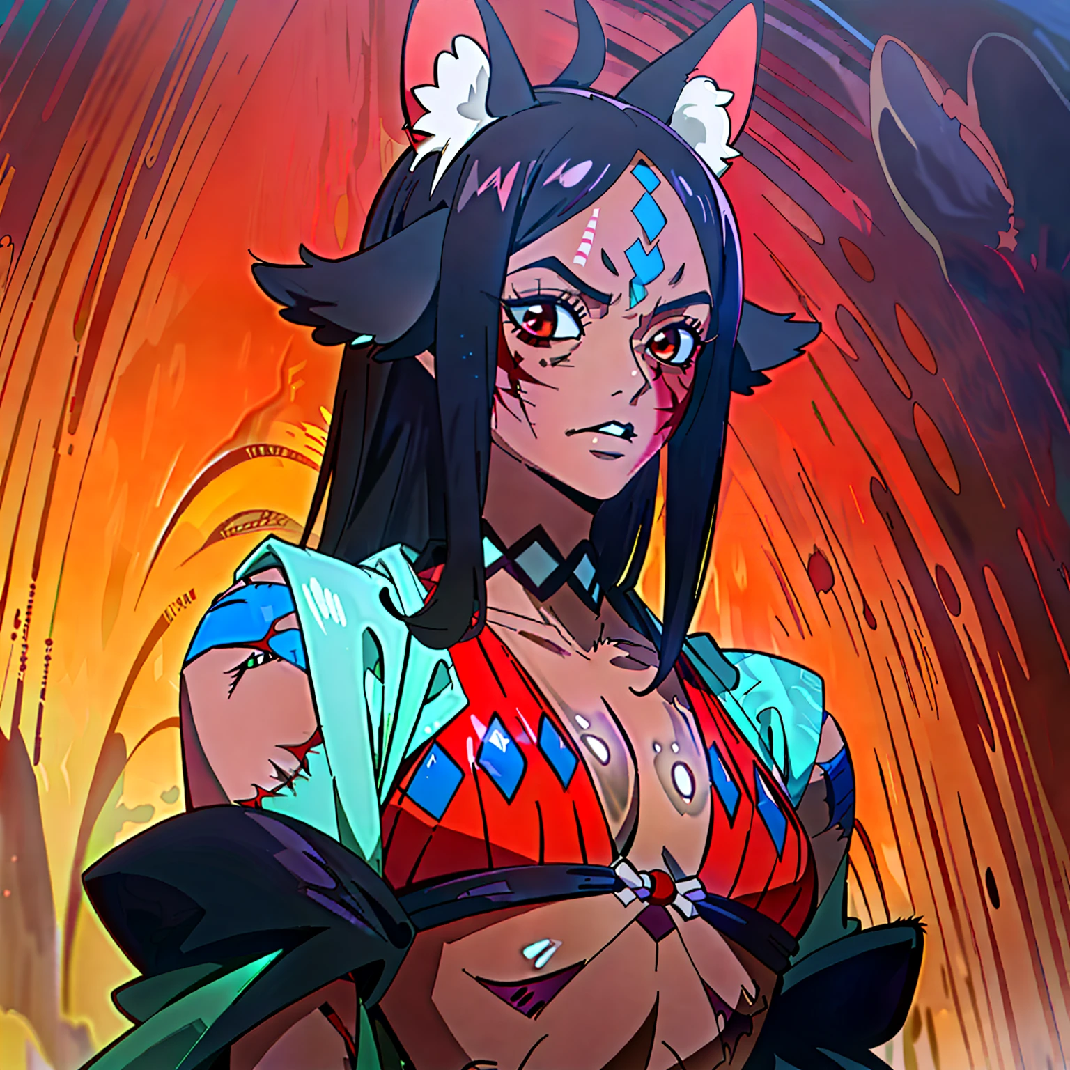 (a mature woman with dark skin and animal-like features, sporting intriguing animal ears and red scars on his face, full body, tribal clothes)