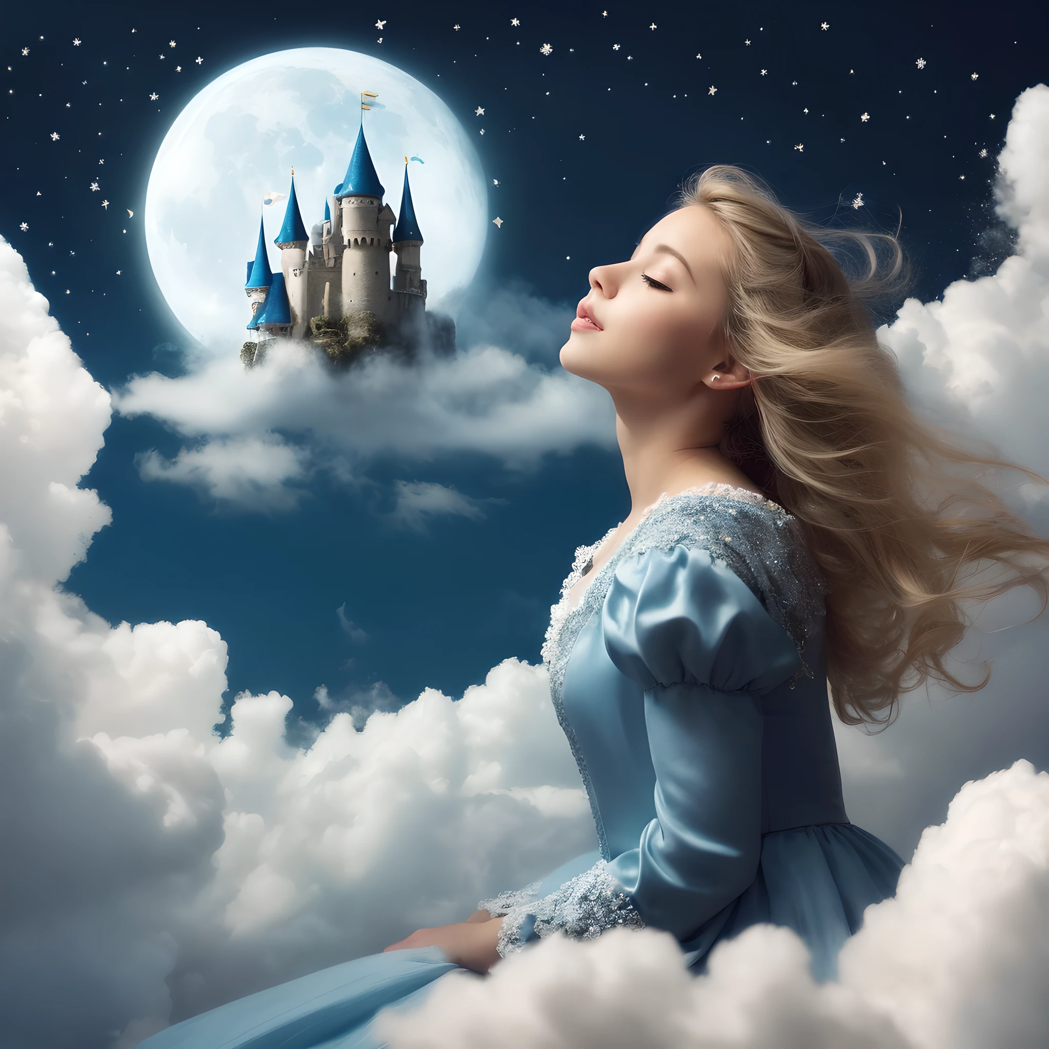Muchacha rubia con vestido azul sentada en una nube con el castillo en el fondo, fantasy fairytale story, Cuento de hadas de la Bella Durmiente, Hermoso render de un cuento de hadas, high quality fantasy stock photo, romantic storybook fantasy, beautiful fantasy maiden, lovely languid princess, lie on white clouds fairyland, fantasy beautiful, beautiful fantasy, Fantasy Woman, Reality impregnated with dreams, Castillo hecho de nubes