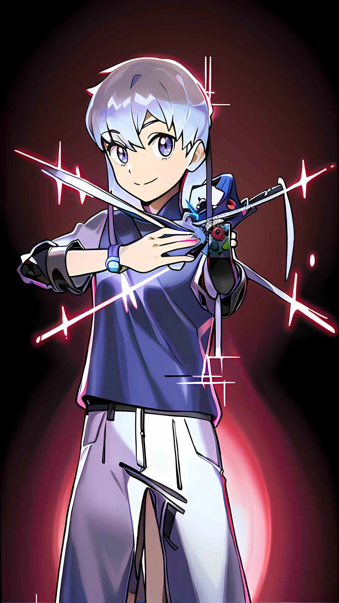 sugimori ken \(Style\),schoolboy，Silver hair，white backgrounid，view the viewer, Nintendo, offcial art, Pokemon, Pokemon \(gaming console\), Pokemon SWSH, Light smile, sugimori ken, tart \(Illustrator\), Thighs, Stand next to Pokemon \(organism\)