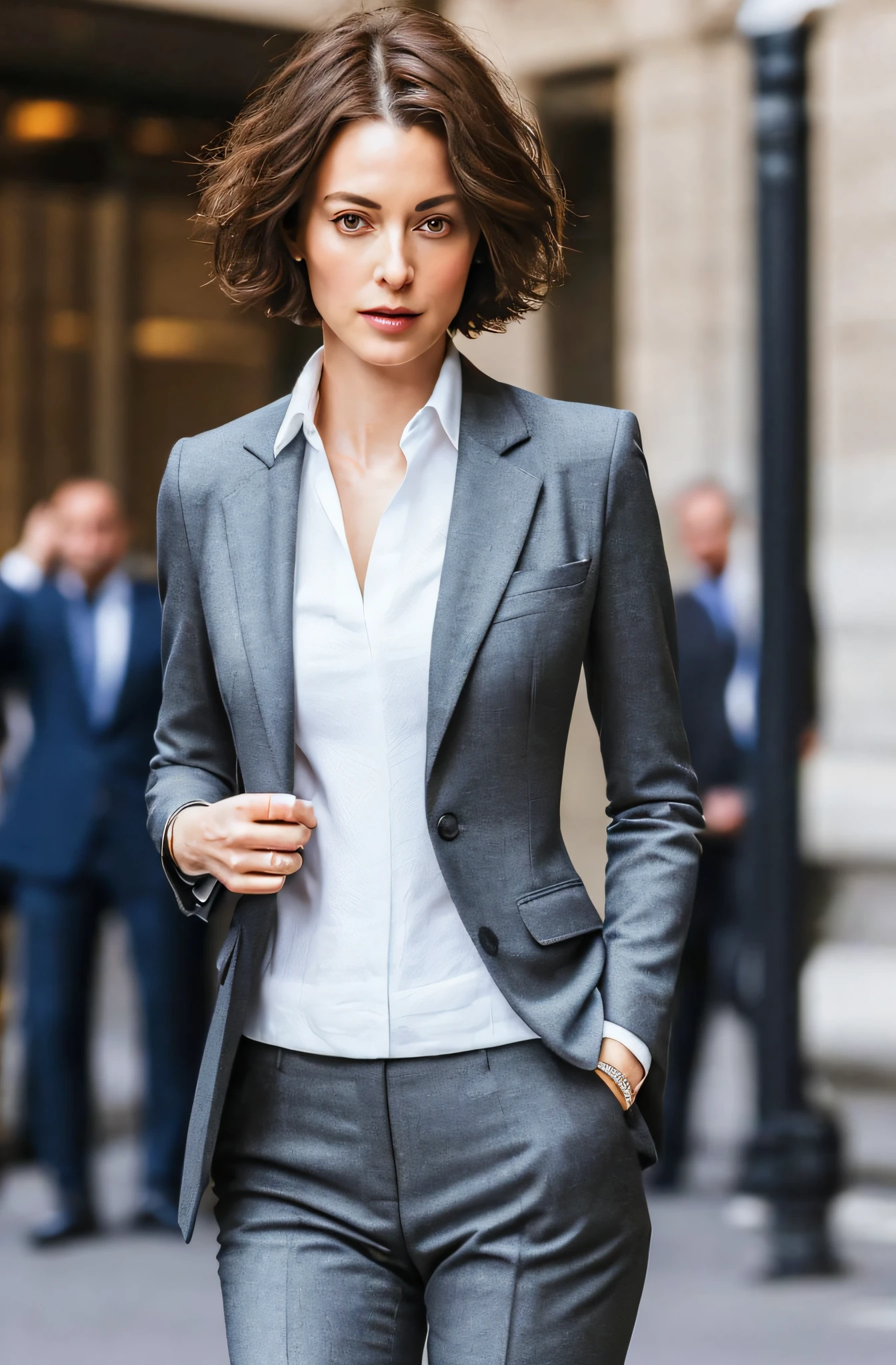 (create a ceo woman wearing a chic and elegant outfit), (Brunette, with the symmetrical face of model), short hair to the shoulders and curly dark brown, stylish and elegant, shaved and strong body adjusted in the suit, show body,, (high quality and realistic image), in the background of the image city of london, cinematic style, ((Best quality, 8k, Masterpiece).