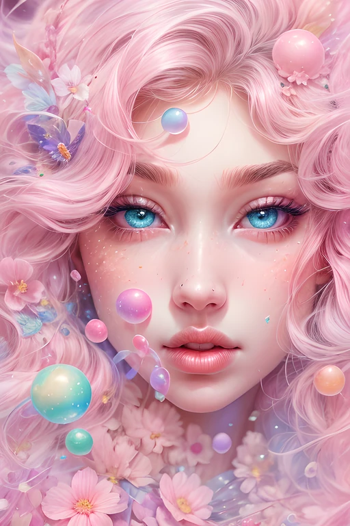 ((masterpiece)). This artwork is sweet, dreamy and ethereal, with soft pink watercolor hues and candy accents. Generate a delicate and demure English fae exploring a (bubblegum world with a wide variety of pastel shades). Her sweet face is extremely detailed and realistic with elegant features and a sweet and subtle expression and looks like ((Gigi Hadid)). Include mature features, puffy lips, and stunning, highly realistic eyes. Her eyes are important and should be realistic, highly detailed, and beautiful. In high definition and detail, include lots of details like stars, galaxies, colorful bubbles, colorful petals, and lots of energy and emotion! The stars and colorful bubblegum bubbles are important! Include fantasy details, enhanced details, iridescence, colorful glittering wind, and pollen. Pay special attention to her face and make sure it is beautifully and realistically detailed. The image should be dreamy and ethereal.8k, intricate, elegant, highly detailed, majestic, digital photography