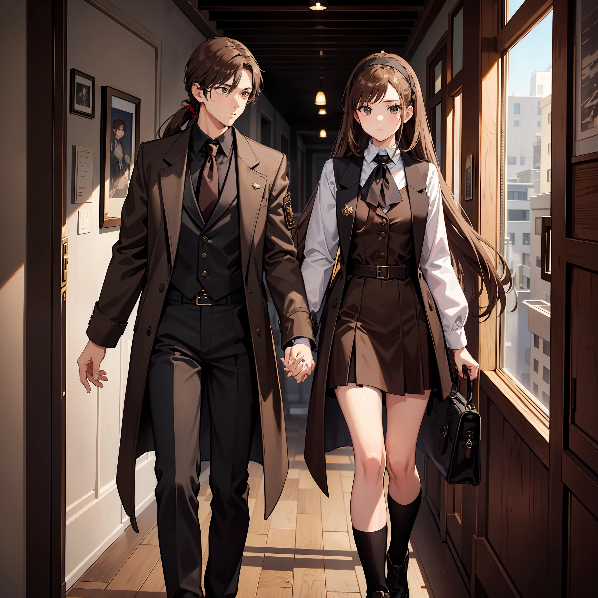 Masterpiece, Best quality, A high resolution, A high school girl wears a long ponytail,There are headbands,Chocolate colored hair,Wearing a black vest,Brown coat,Short brown skirt,Being and with a brown hair,Brown coat,Boy in black pants holding hands