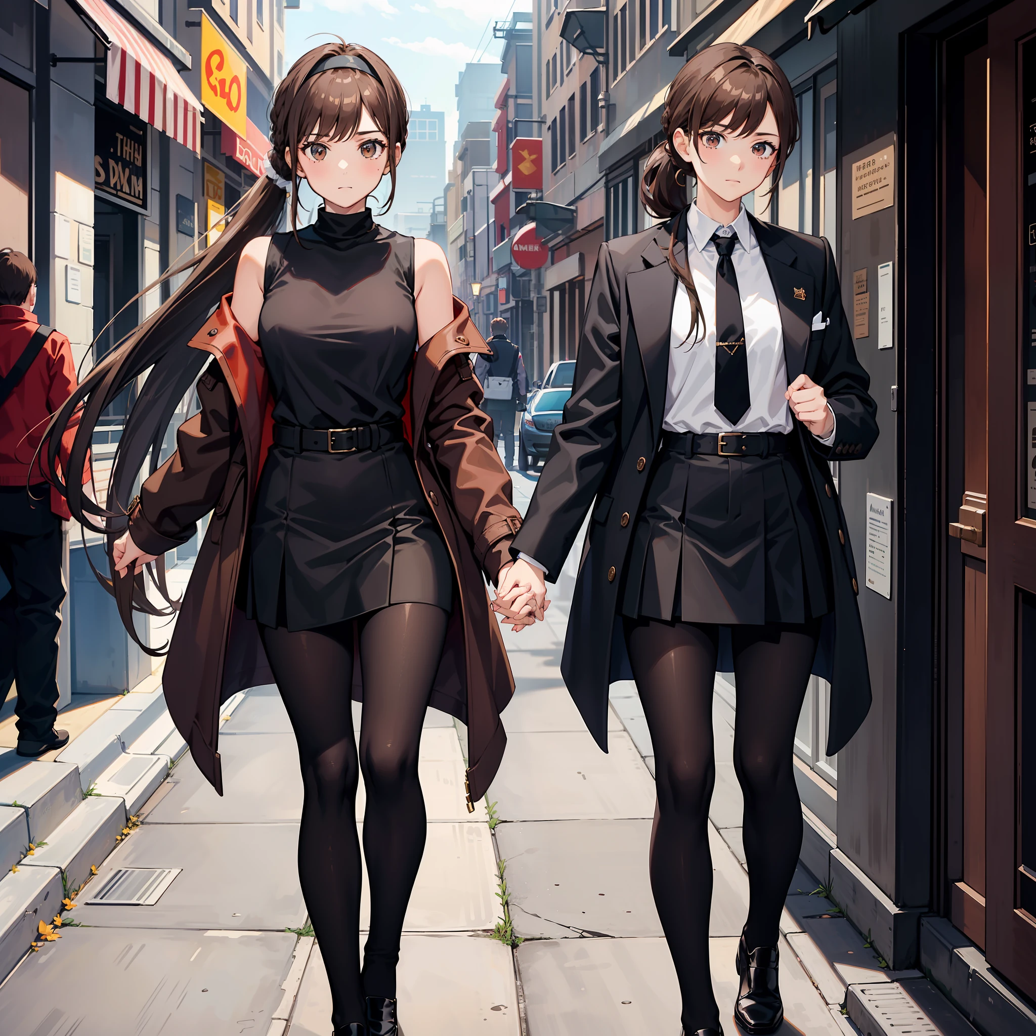 Masterpiece, Best quality, A high resolution, A high school girl wears a long ponytail,There are headbands,Chocolate colored hair,Wearing a black vest,Brown coat,Short brown skirt,Being and with a brown hair,Brown coat,Boy in black pants holding hands