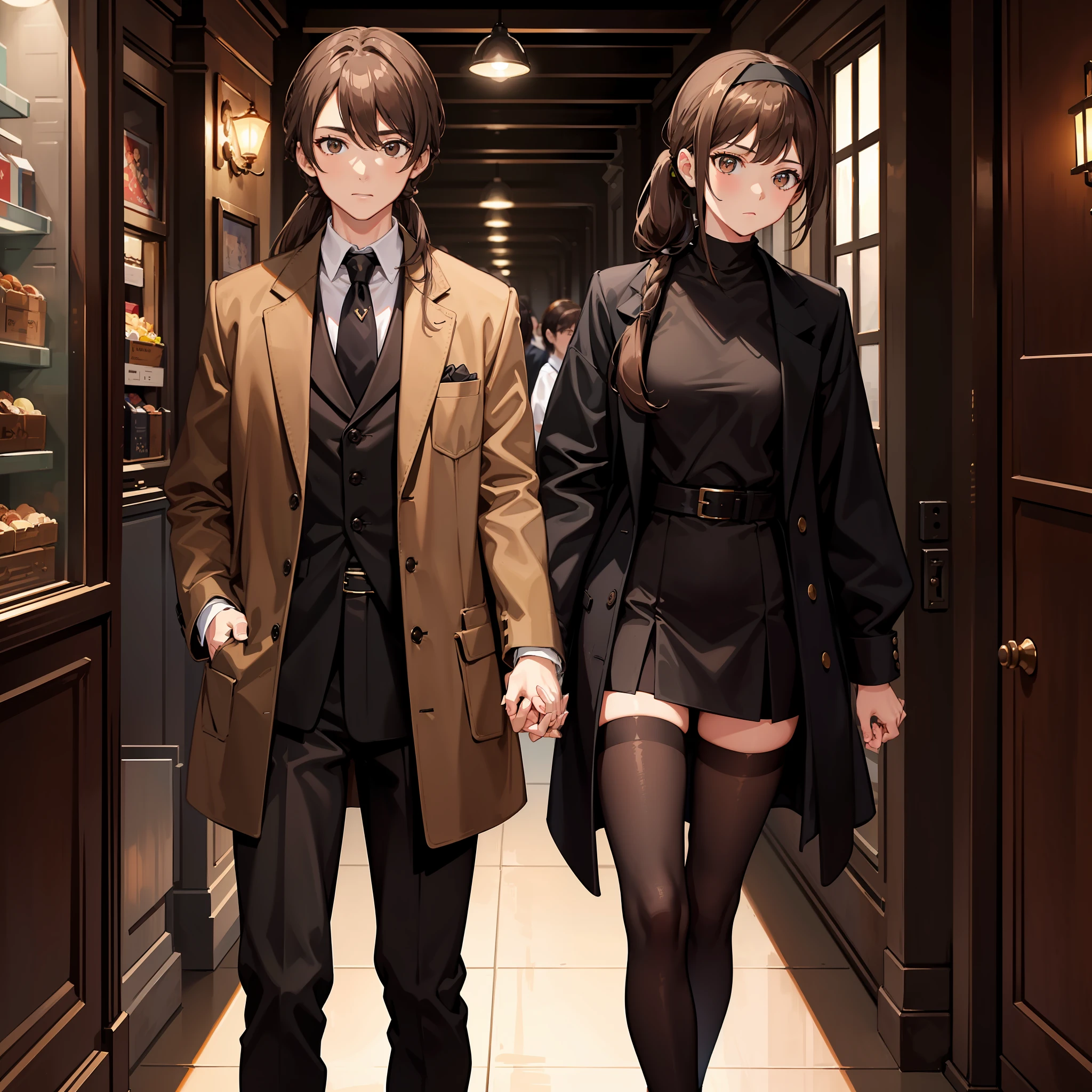 Masterpiece, Best quality, A high resolution, A high school girl wears a long ponytail，There are headbands，Chocolate colored hair，Wearing a black vest，Brown coat，Short brown skirt，Being and with a brown hair，Brown coat，Boy in black pants holding hands