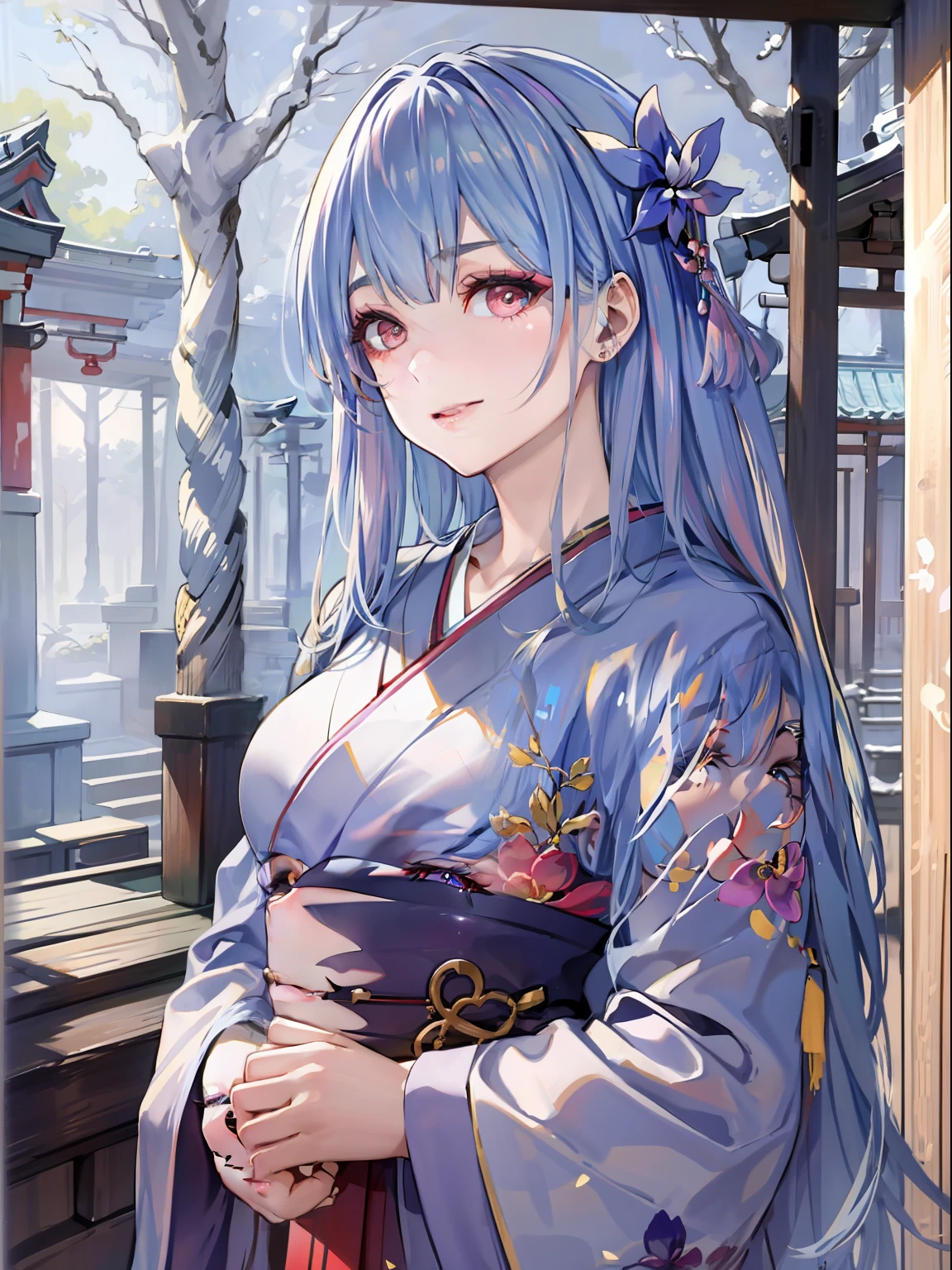 perfect face, makeup, young woman, realistic photo, beautiful face, perfect face, masterpiece, wearing a kimono, at a shrine, black hair, smiling,