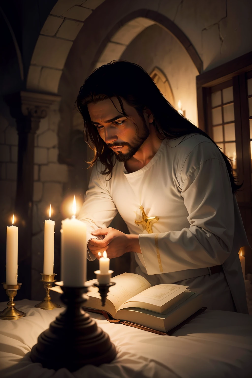 imagem de jesus rezando, fundo com velas acesas