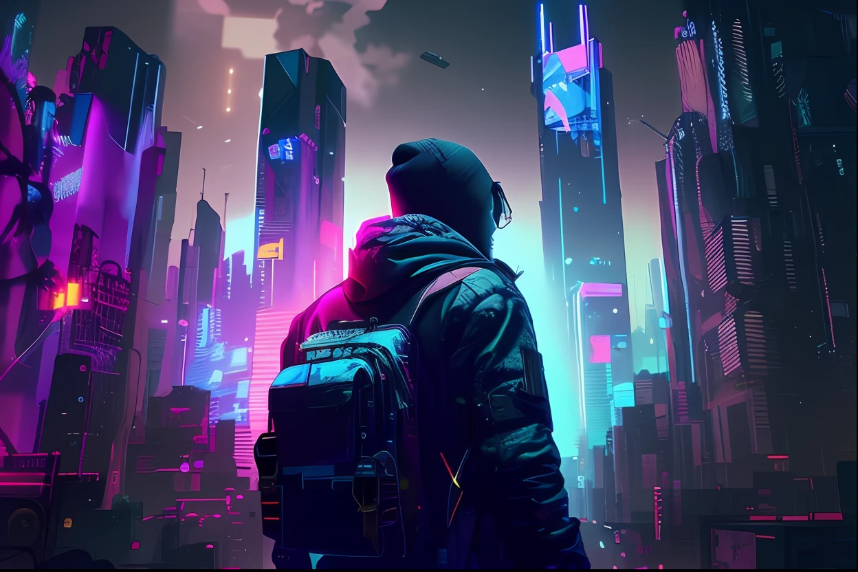 a man in a backpack standing in front of a city with neon lights, in cyberpunk city, cyberpunk vibe, cyberpunk in a cyberpunk city, has cyberpunk style, more and more cyberpunk, in cyberpunk aesthetic, beeple!!, style hybrid mix of beeple, cyberpunk aesthetics, aesthetic cyberpunk, beeple style, cyberpunk vibrant colors, cyberpunk vibes