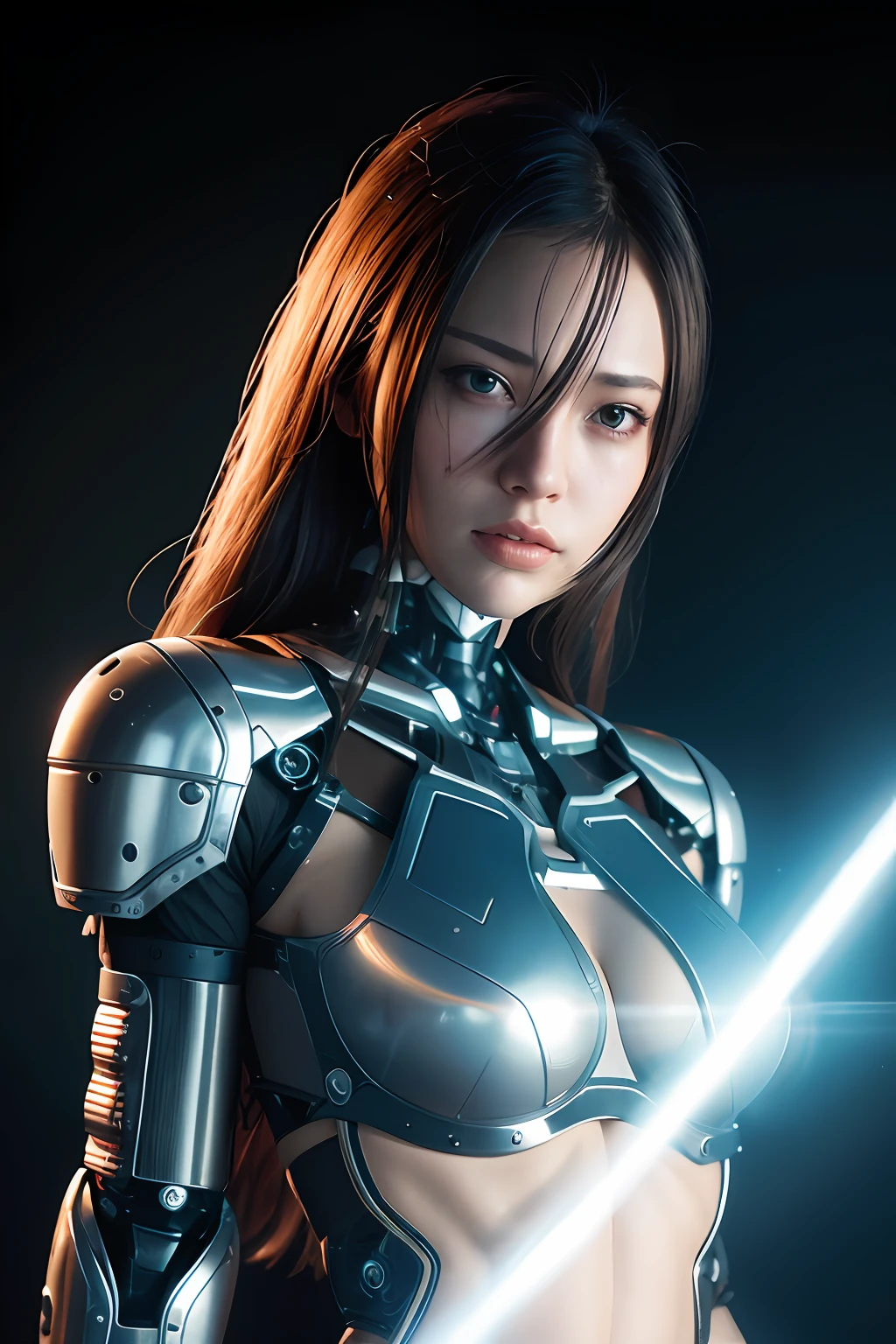 Women cyborg, lighting, cyberpunk, beautiful women, full , robot, robots, realistic, 8k, high quality, details, sword,