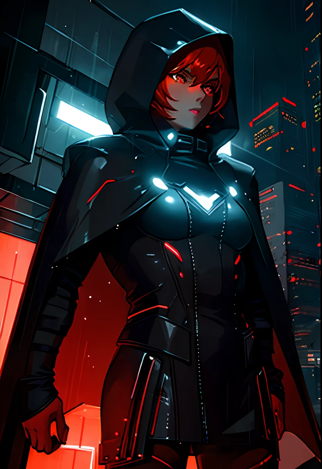 (Ultrarealistic:1.3),(grainy:0.8), natural lighting, futuristic city, (raining:1.3), (dark:1.3), (fog:1.2), red lights, orange lights, blue lights AND girl, cape with hood, light logo, cyberpunk clothing, red lights, orange lights,(Electric Colors:0.7)