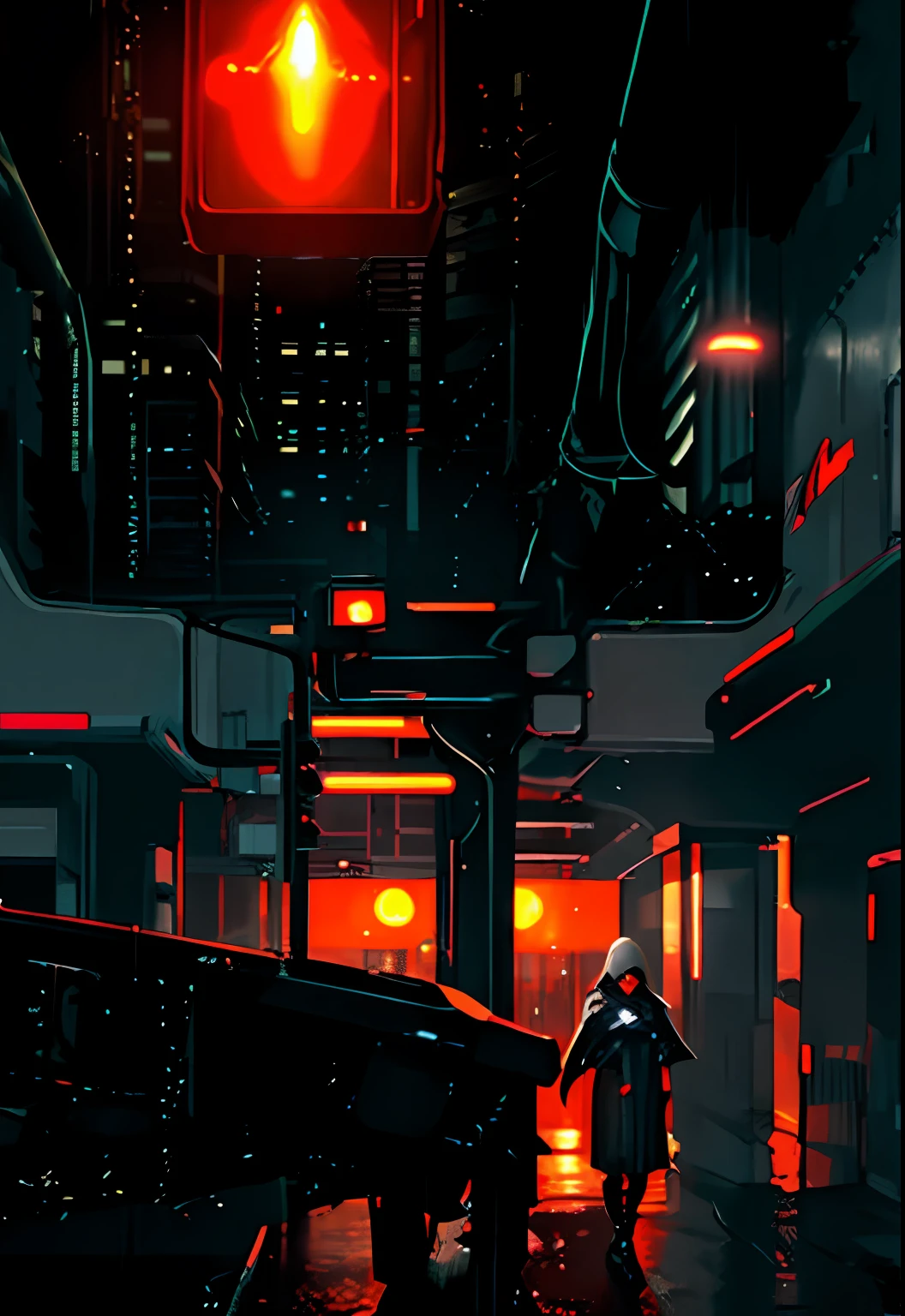 (Ultrarealistic:1.3),(grainy:0.8), natural lighting, futuristic city, (raining:1.3), (dark:1.3), (fog:1.2), red lights, orange lights, blue lights AND girl, cape with hood, light logo, cyberpunk clothing, red lights, orange lights,(Electric Colors:0.7)