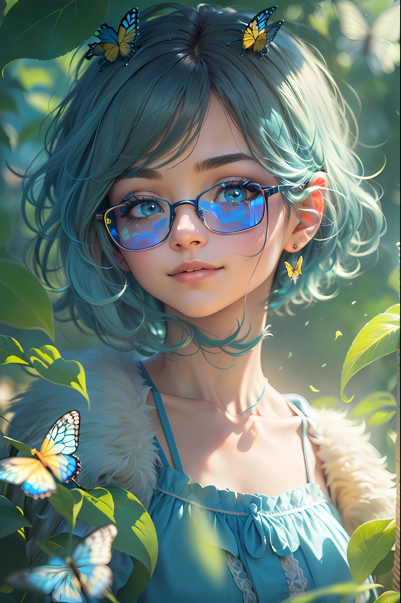 (highres, high lighting, 4k), blue rimmed glasses, long face, 1girl, face, detailed face, blue eye, garden, very short hair, she has a butterfly on her head, close up face, sun in mid day, smile, :), looking at viewer, close - up intensity, blue dress, eyes half closed,