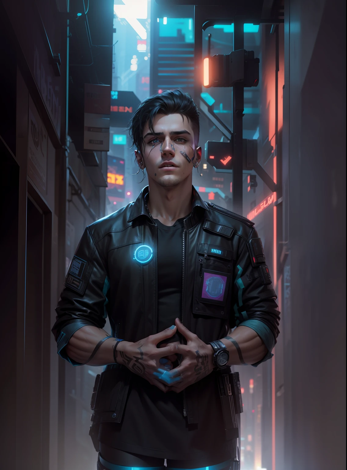 Change background cyberpunk handsome boy, realistic face, 8k, ultra realistic
